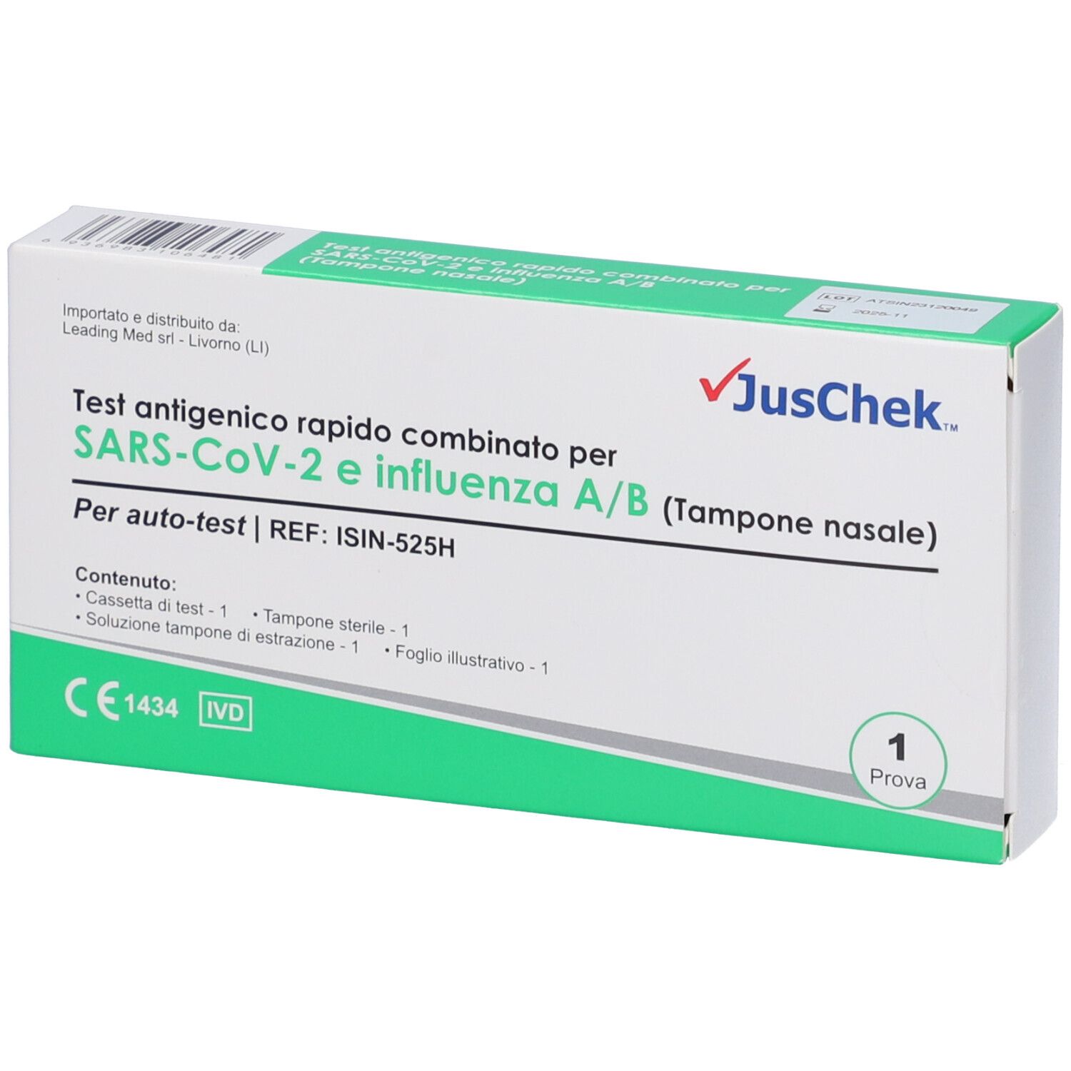 Test rapido combinato SARS-CoV-2 e influenza A/B. Confezione bianca e verde, logo JusChek, 1 test.