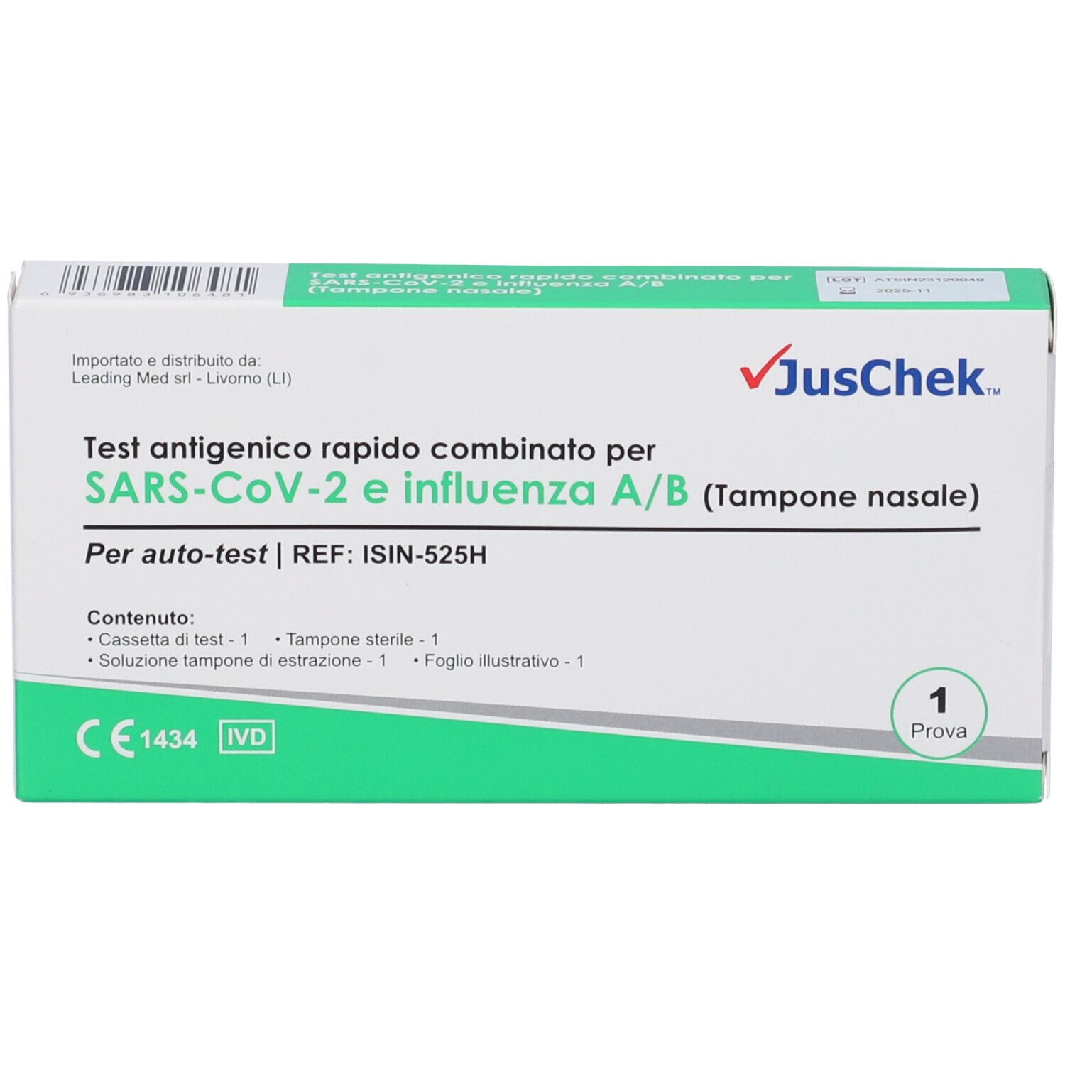 Confezione del test. Test combinato SARS-CoV-2 e influenza A/B. Logo JusChek, 1 test.