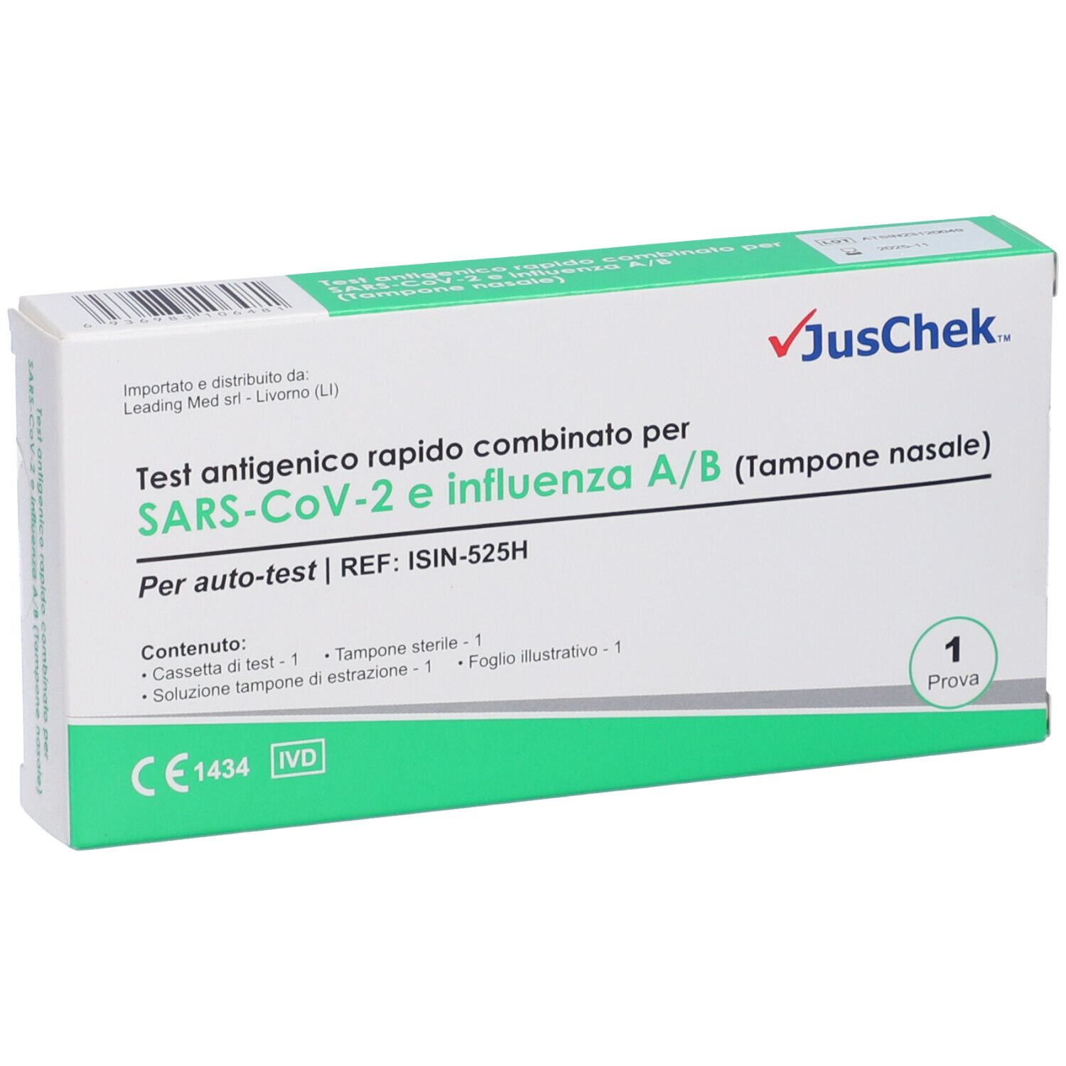 Confezione del test. Test combinato SARS-CoV-2 e influenza A/B. Logo JusChek, 1 test.