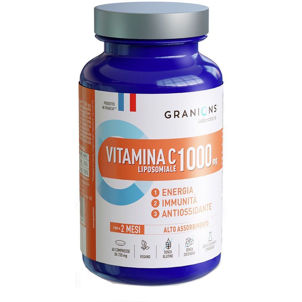 Flacone blu di Vitamina C 1000 mg. Scritta: Granions, Liposomiale, Energia, Immunità, Antiossidante. 60 compresse.