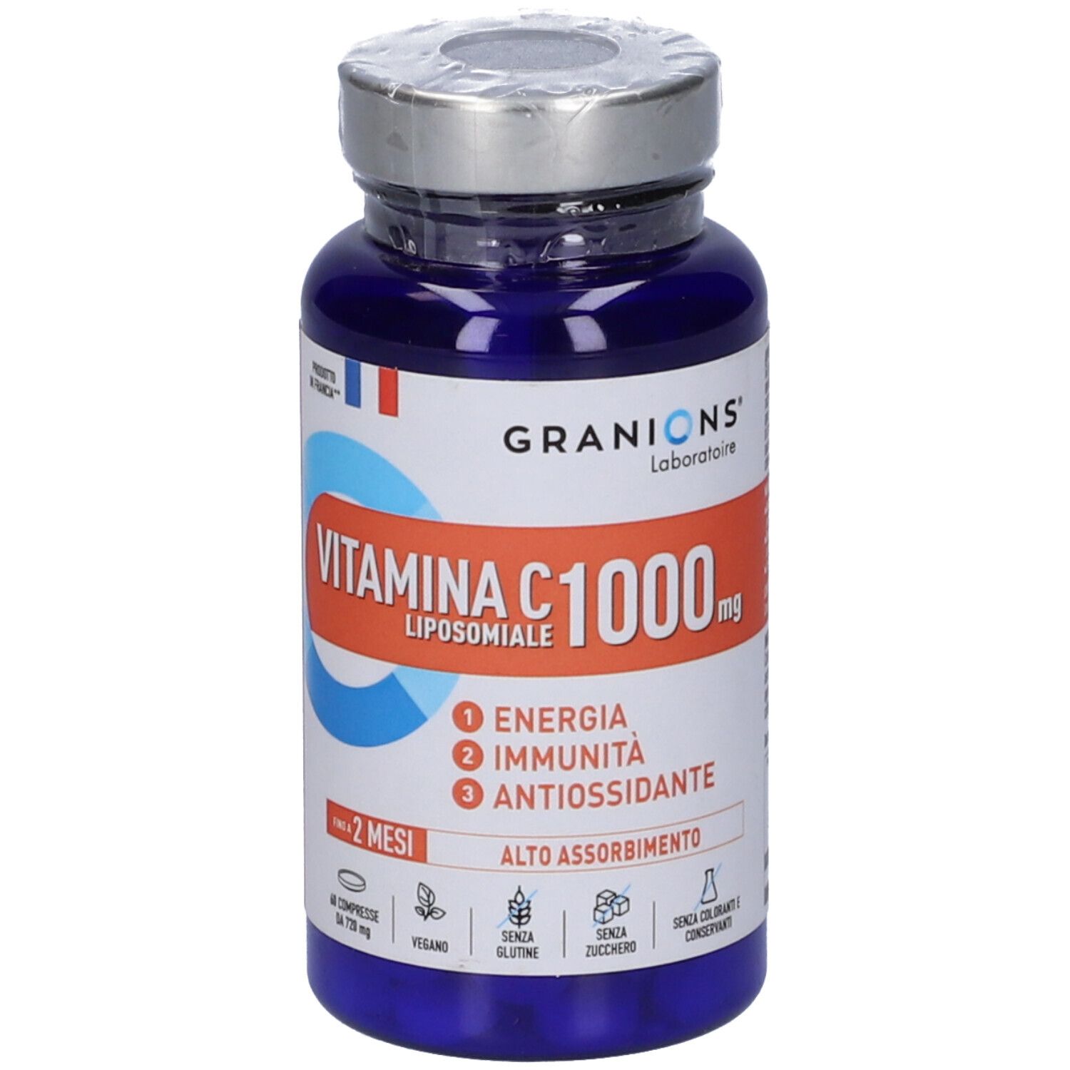 Flacone blu di Vitamina C 1000 mg. Scritta: Granions, Liposomiale, Energia, Immunità, Antiossidante. 60 compresse.