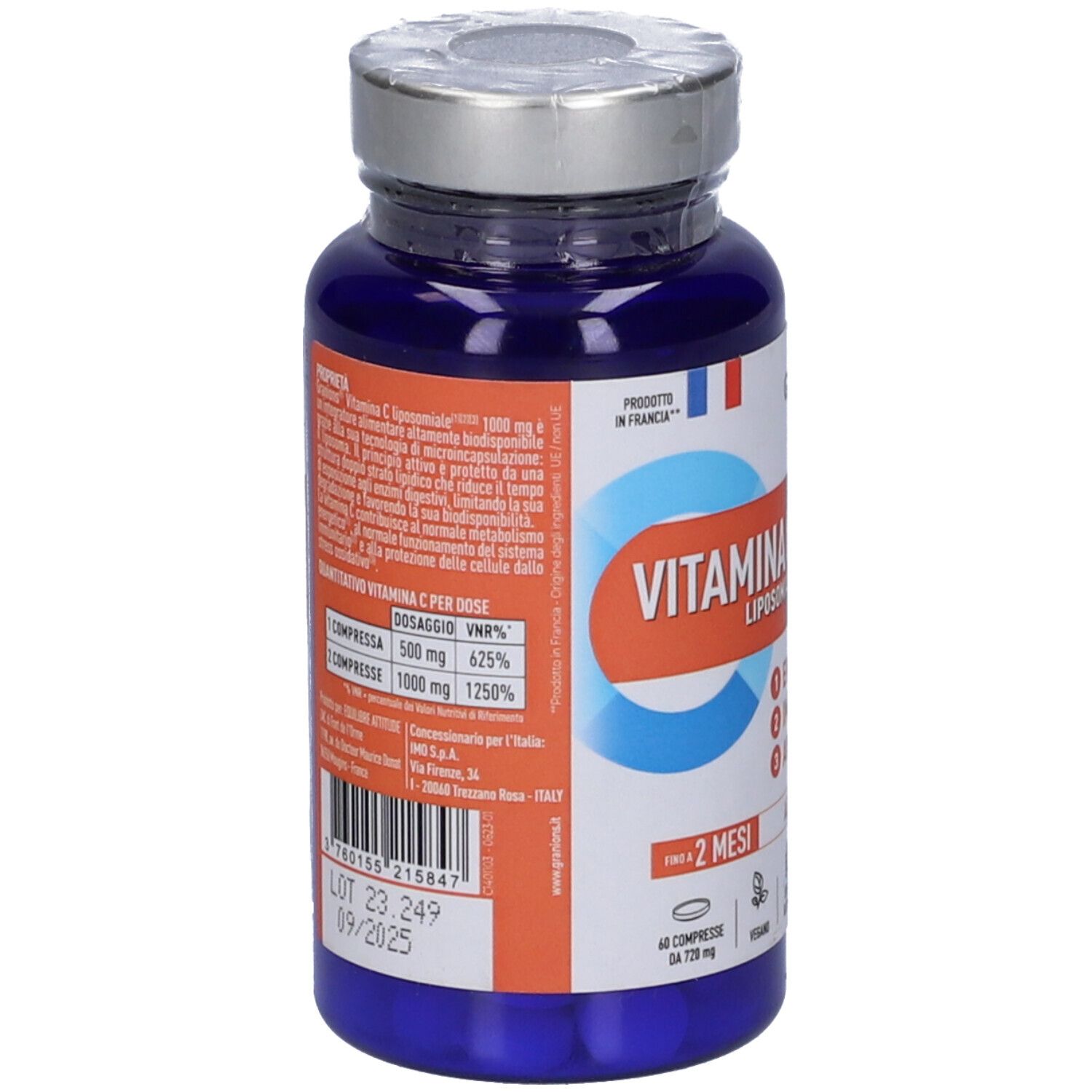 Flacone blu di Vitamina C 1000 mg. Scritta: Granions, Liposomiale, Energia, Immunità, Antiossidante. 60 compresse.