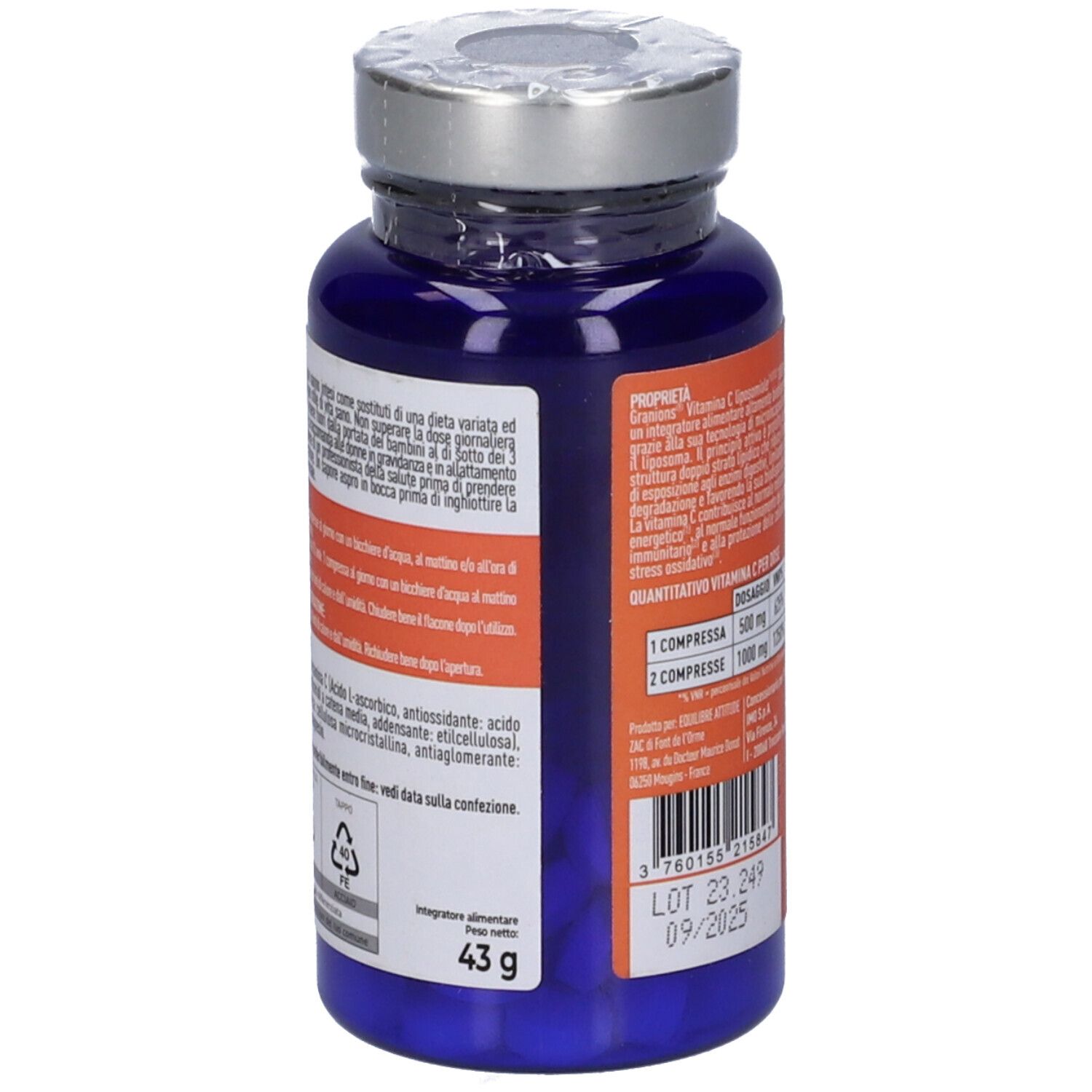 Flacone blu di Vitamina C 1000 mg. Scritta: Granions, Liposomiale, Energia, Immunità, Antiossidante. 60 compresse.