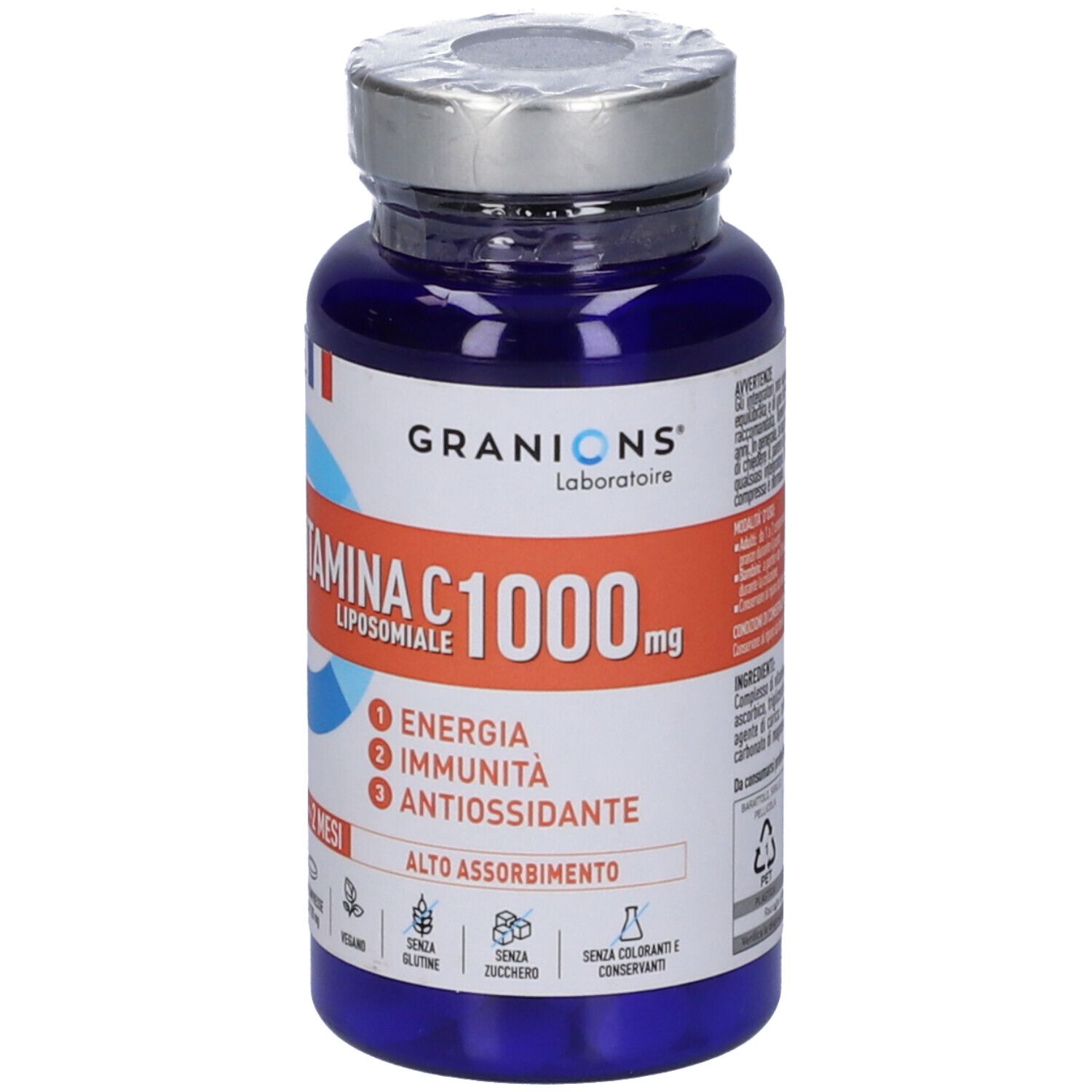 Flacone blu di Vitamina C 1000 mg. Scritta: Granions, Liposomiale, Energia, Immunità, Antiossidante. 60 compresse.