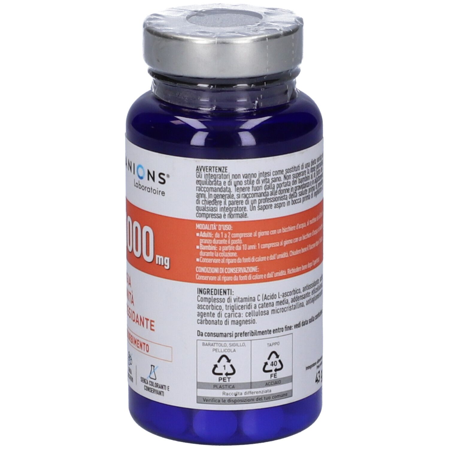 Flacone blu di Vitamina C 1000 mg. Scritta: Granions, Liposomiale, Energia, Immunità, Antiossidante. 60 compresse.