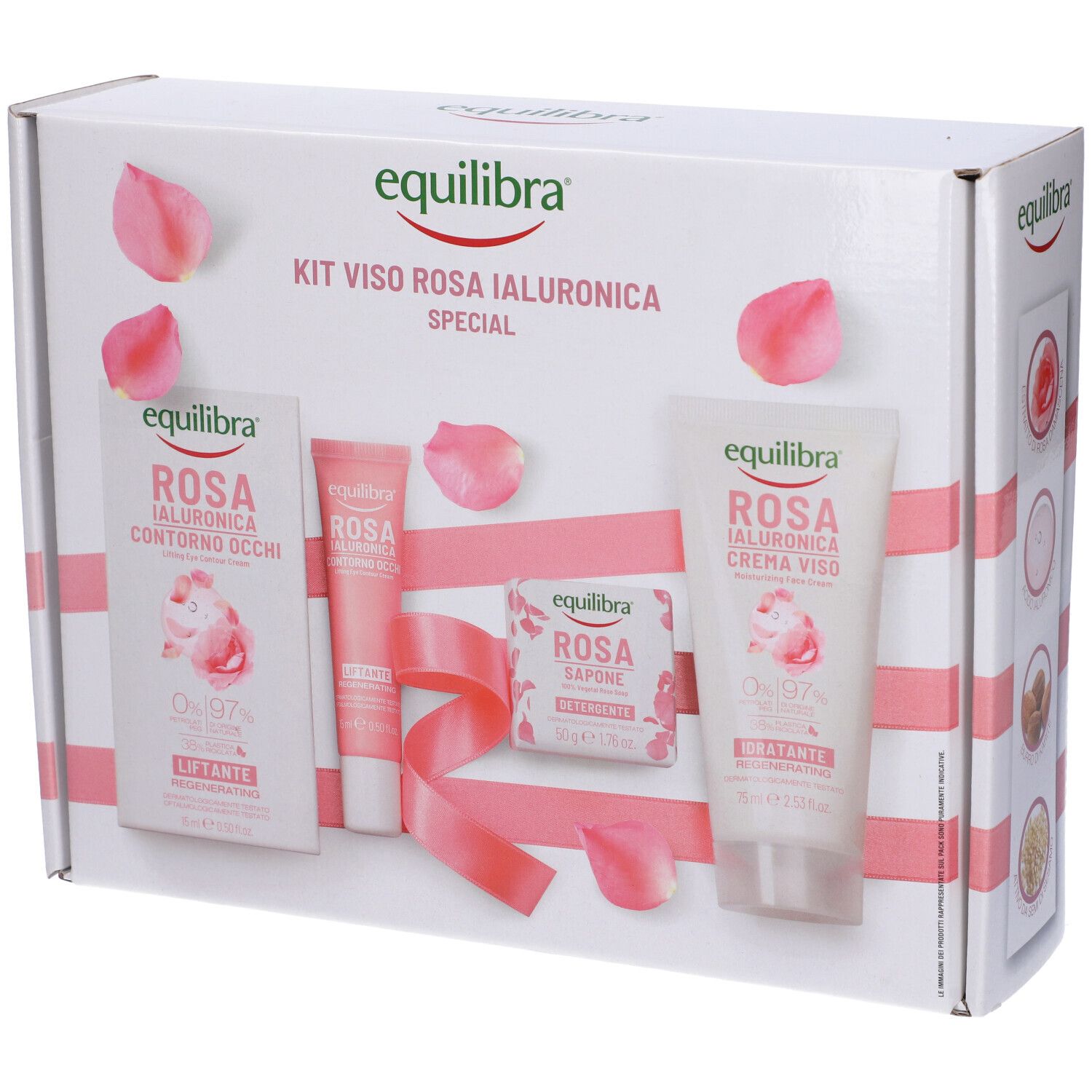 Confezione Equilibra® Kit Viso Rosa Ialuronica Special. Contiene più prodotti, petali rosa e nastro rosa.