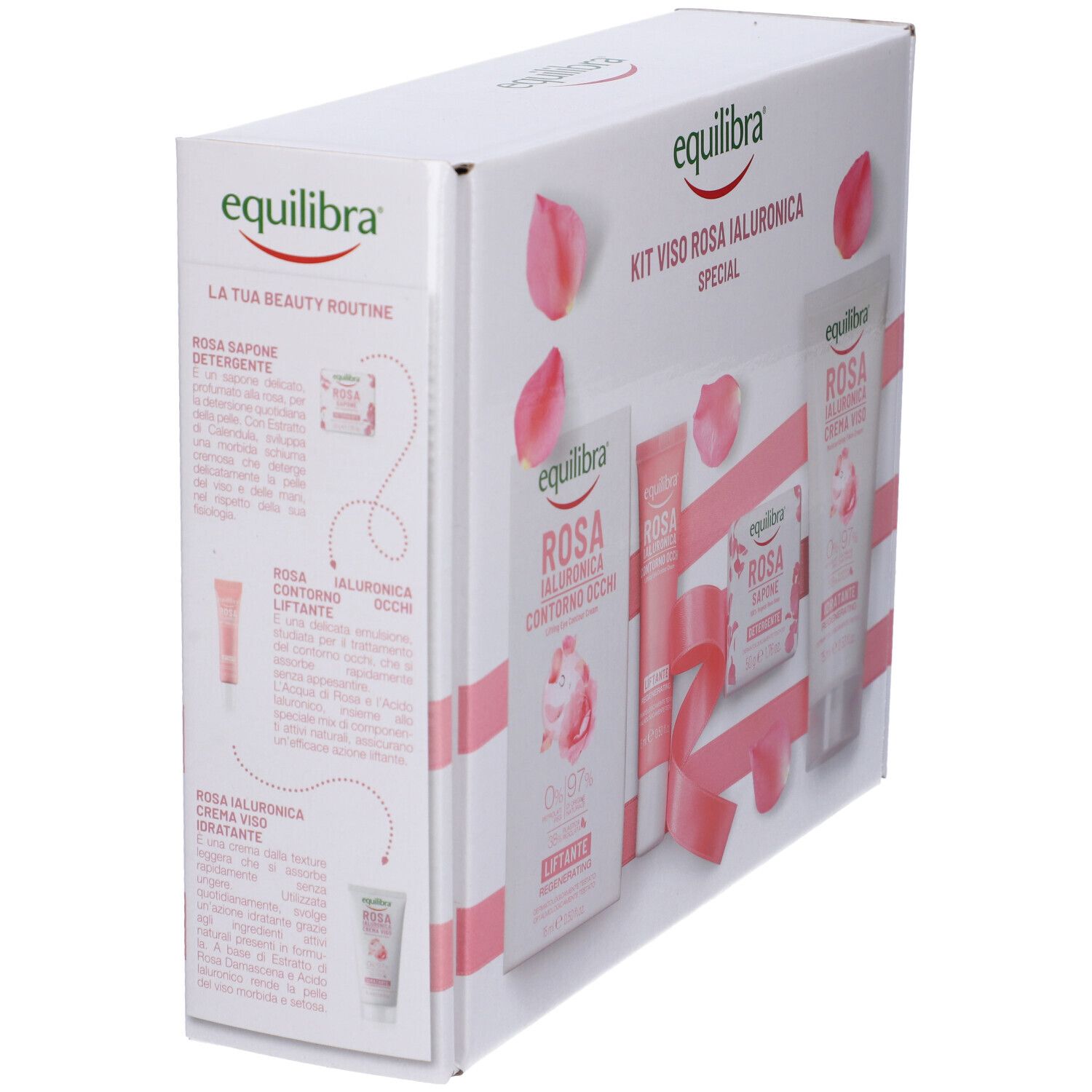 Vista laterale della confezione Equilibra® Kit Viso Rosa Ialuronica Special. Contiene prodotti, testo e petali rosa.