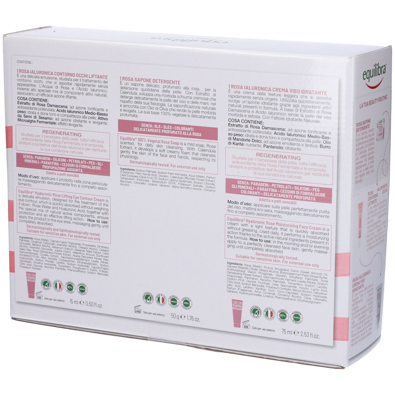 Retro della confezione Equilibra® Kit Viso Rosa Ialuronica Special. Contiene testo e informazioni sul prodotto.