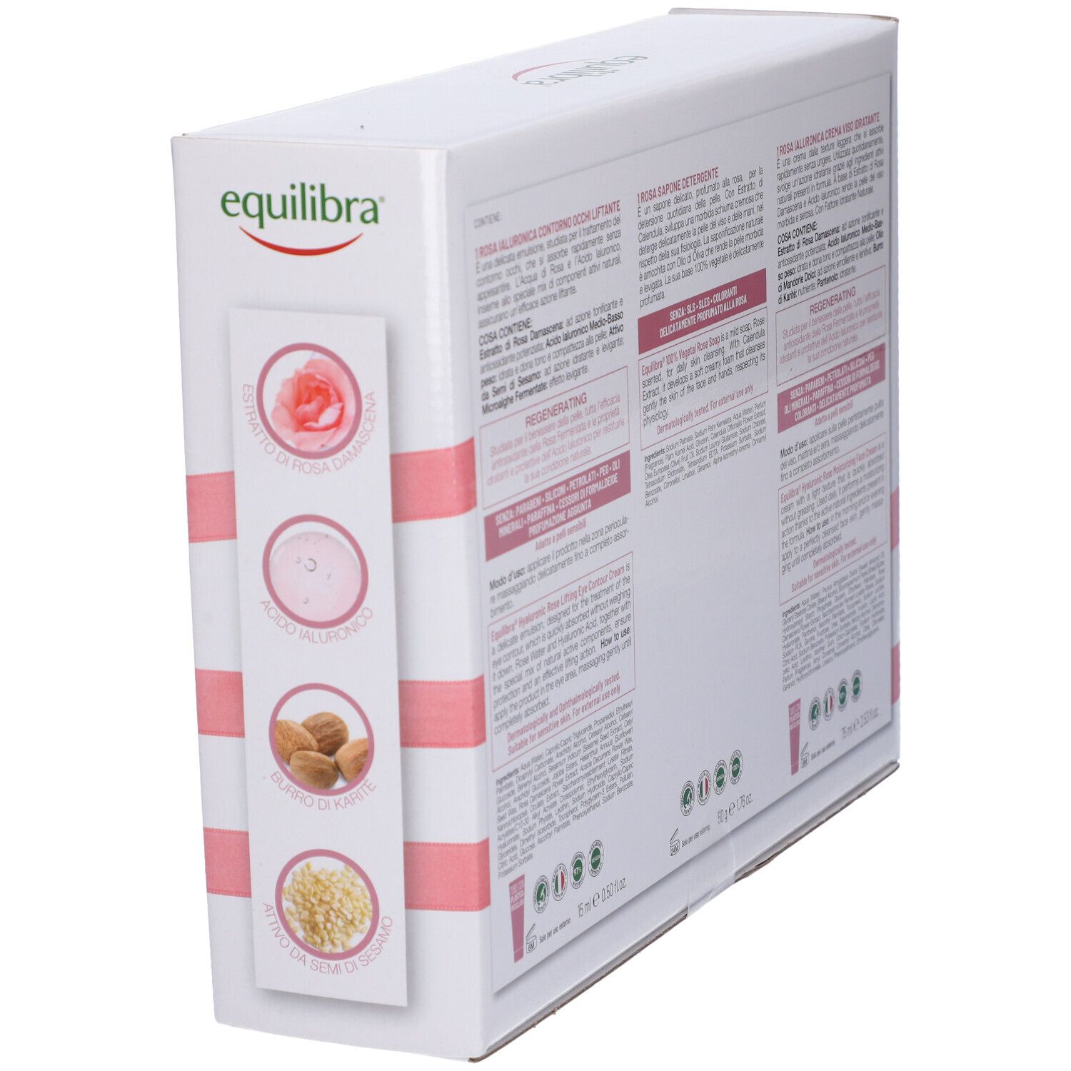 Retro della confezione Equilibra® Kit Viso Rosa Ialuronica Special. Contiene testo, illustrazioni e informazioni sul prodotto.