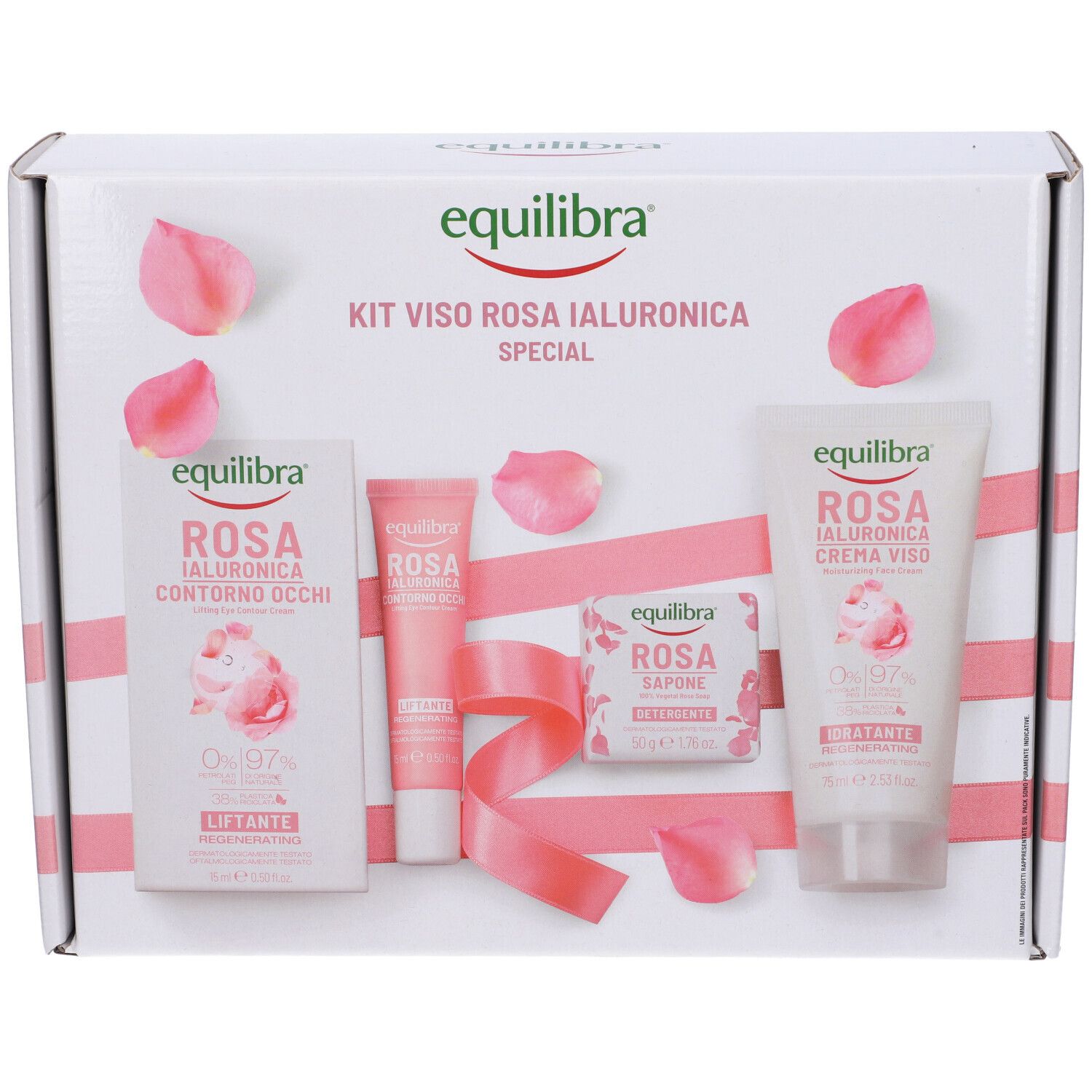Confezione Equilibra® Kit Viso Rosa Ialuronica Special. Contiene più prodotti, petali rosa e nastro rosa.