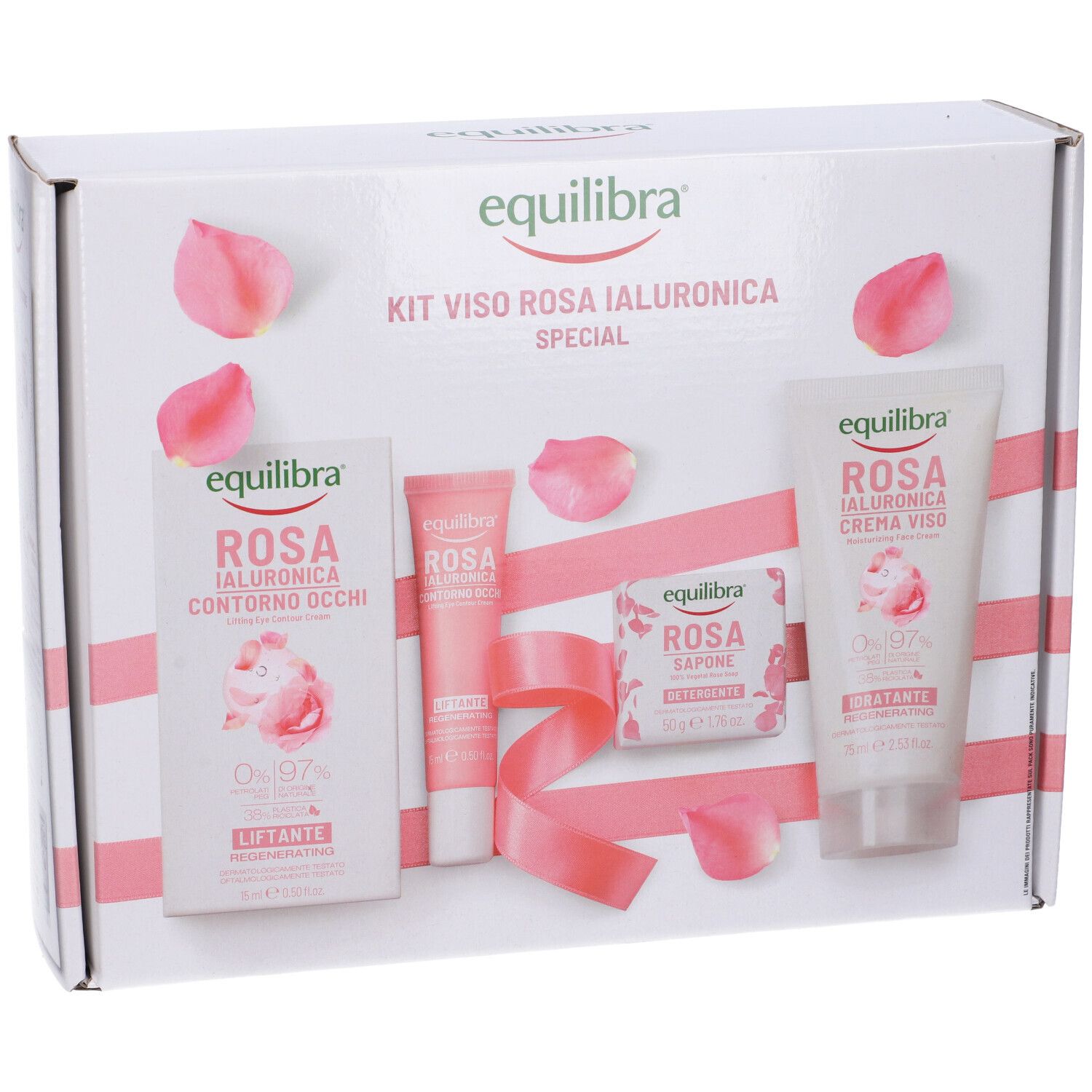 Confezione Equilibra® Kit Viso Rosa Ialuronica Special. Contiene più prodotti, petali rosa e nastro rosa.