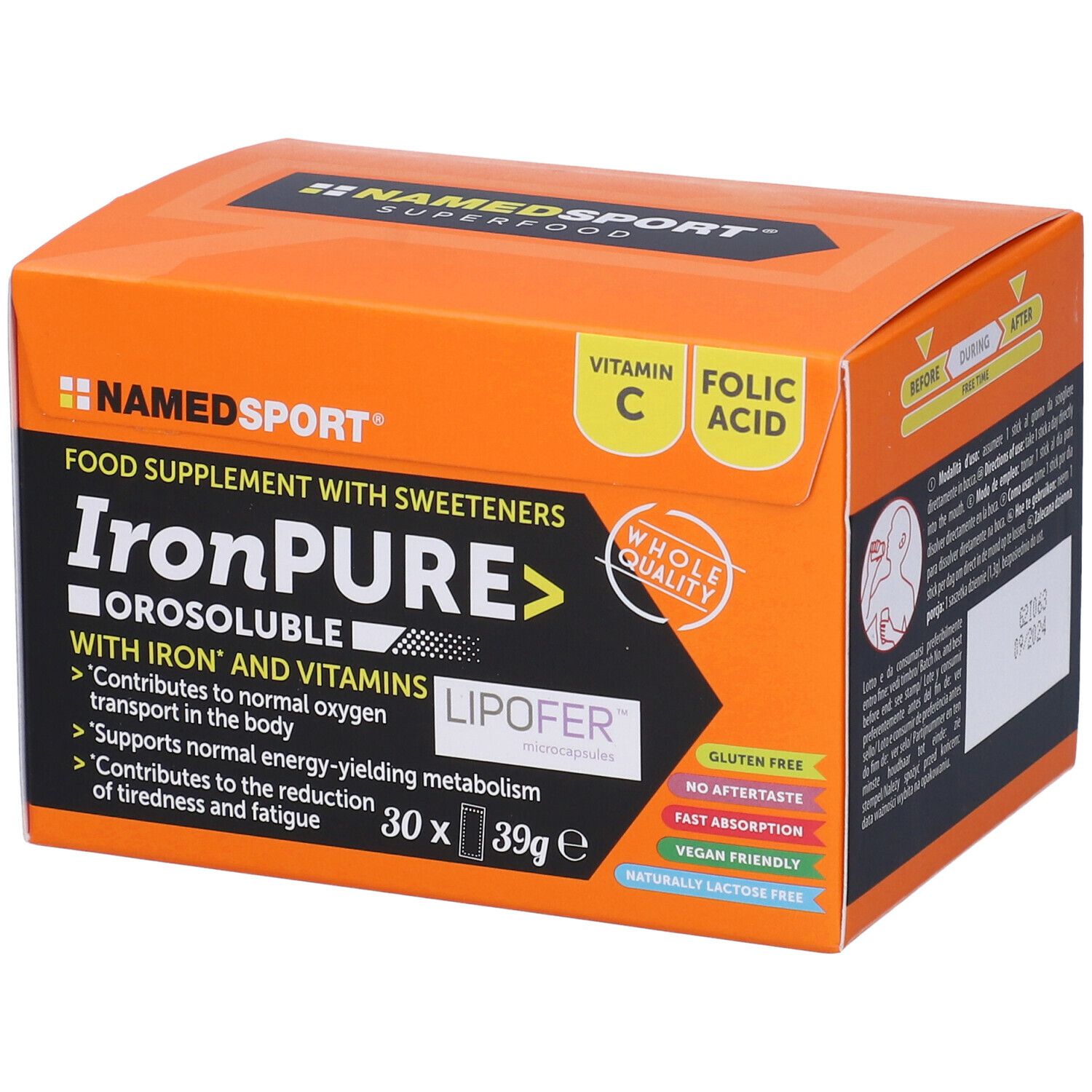 Scatola arancione con il nome del prodotto 'IronPURE'. Contiene 30 bustine. Contiene vitamina C e acido folico.