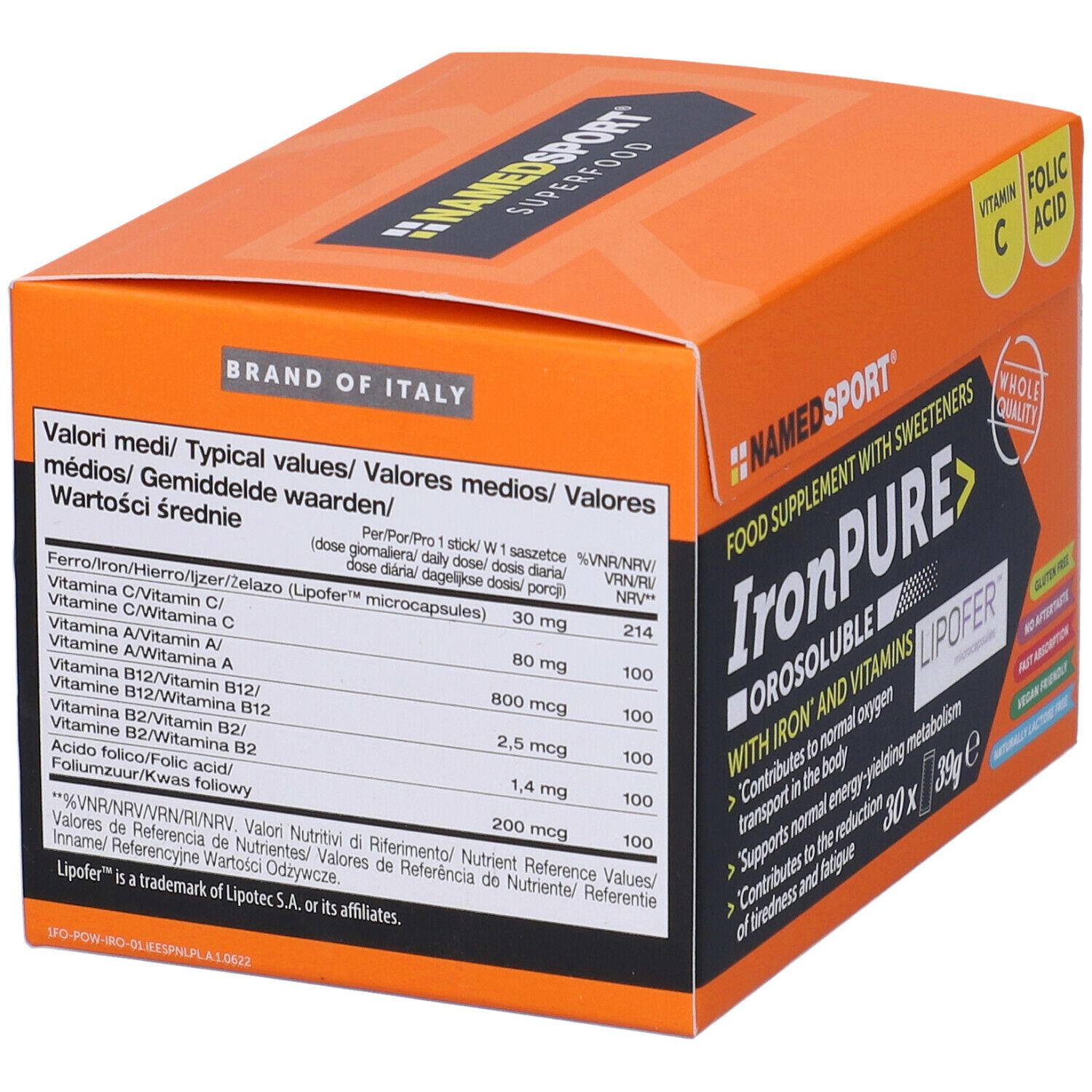 Scatola arancione con informazioni nutrizionali. Contiene vitamina C, acido folico e altre vitamine. Marca: NAMEDSPORT.