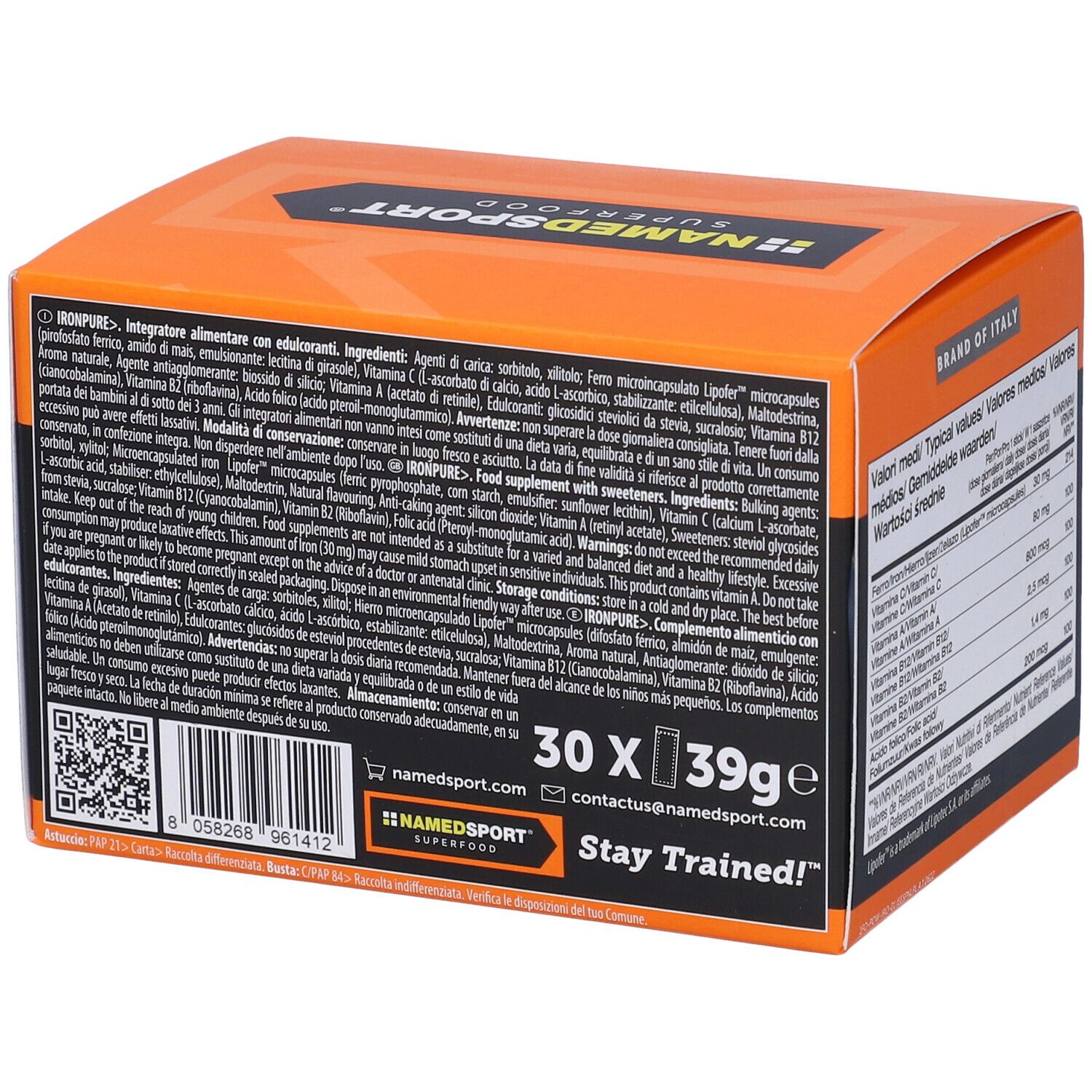 Retro di una scatola arancione con ingredienti e avvertenze. Contiene 30 bustine. Marca: NAMEDSPORT.