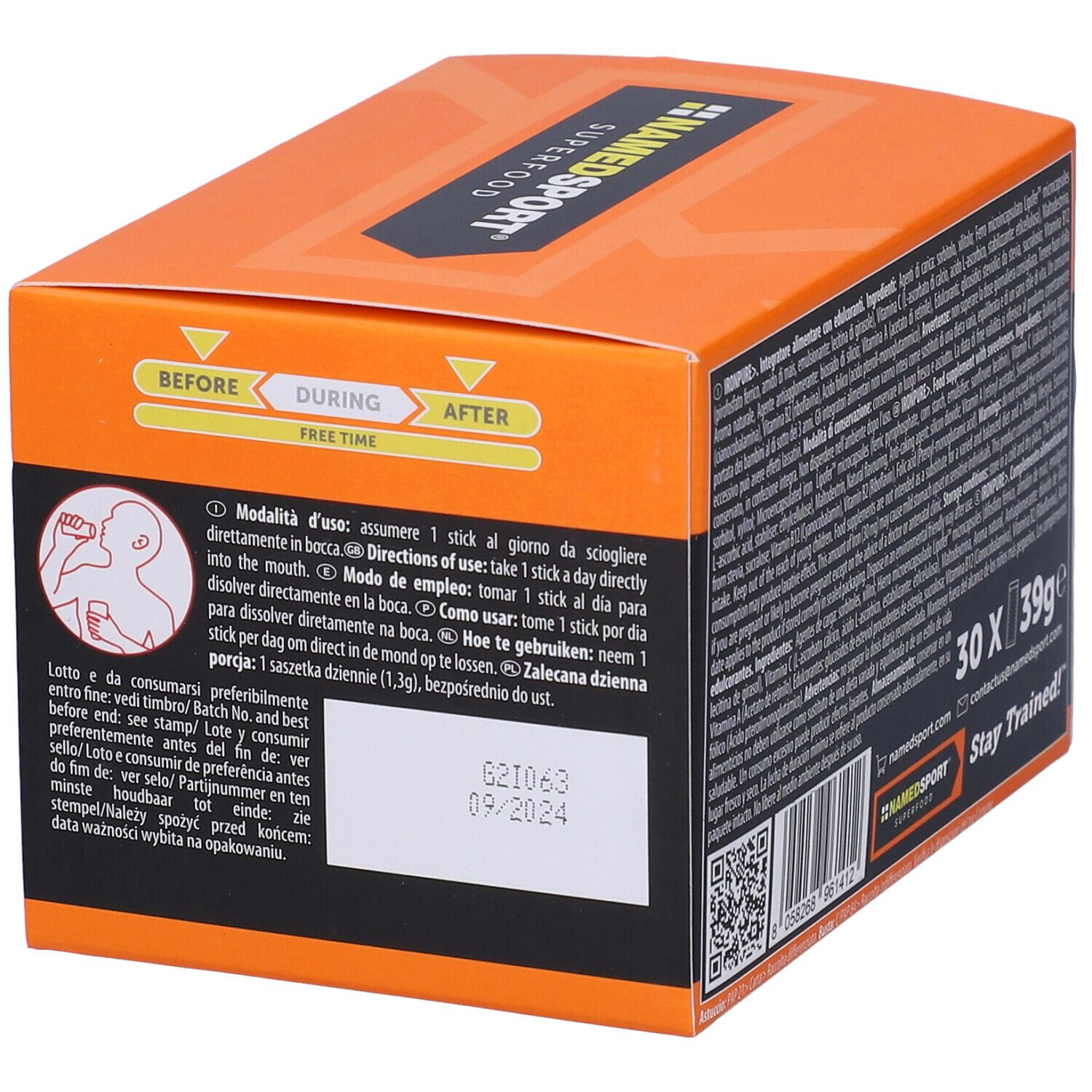 Scatola arancione con istruzioni per l'uso. Contiene 30 bustine. Scadenza: 09/2024. Marca: NAMEDSPORT.