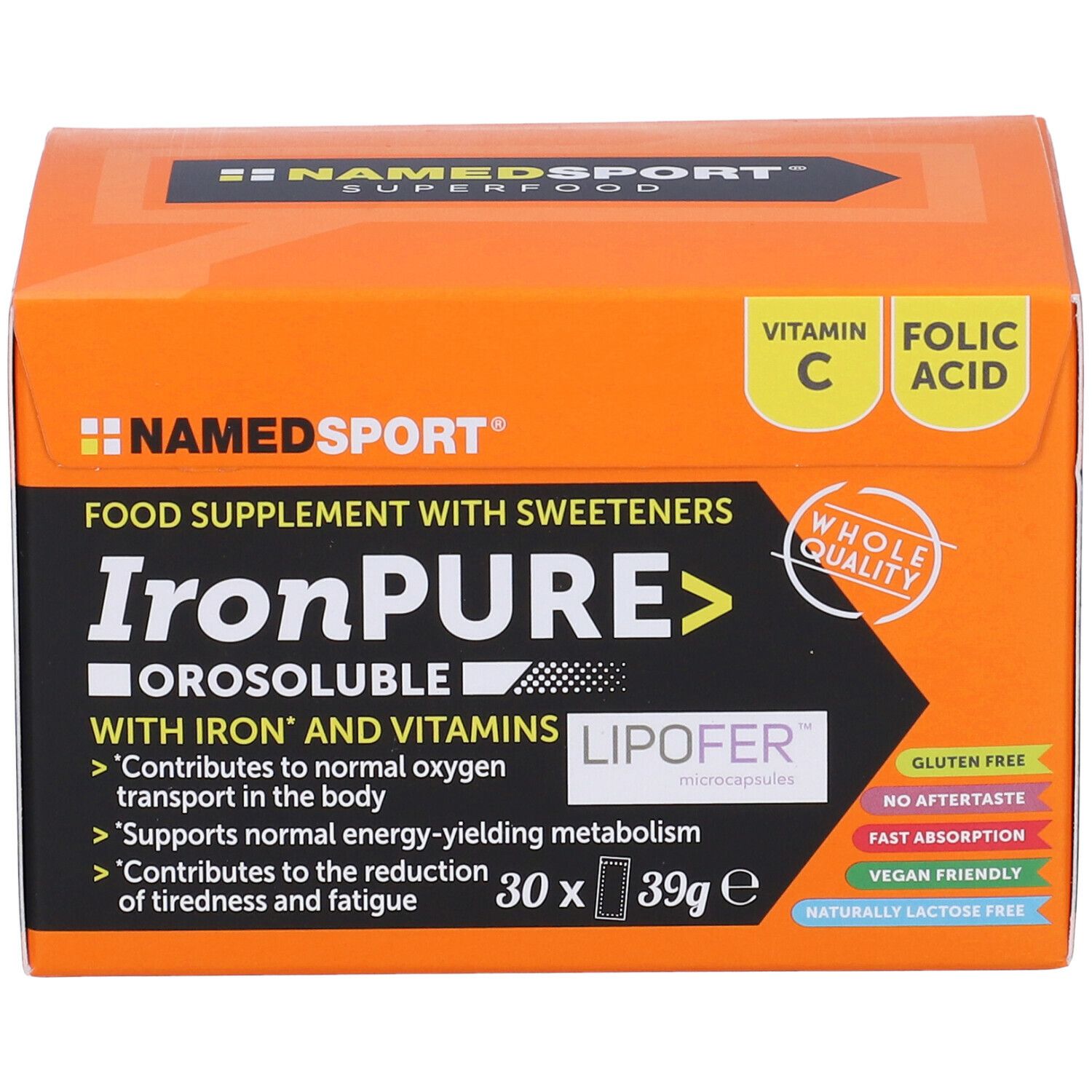 Scatola arancione con il nome del prodotto 'IronPURE'. Contiene 30 bustine. Contiene vitamina C e acido folico. Marca: NAMEDSPORT.