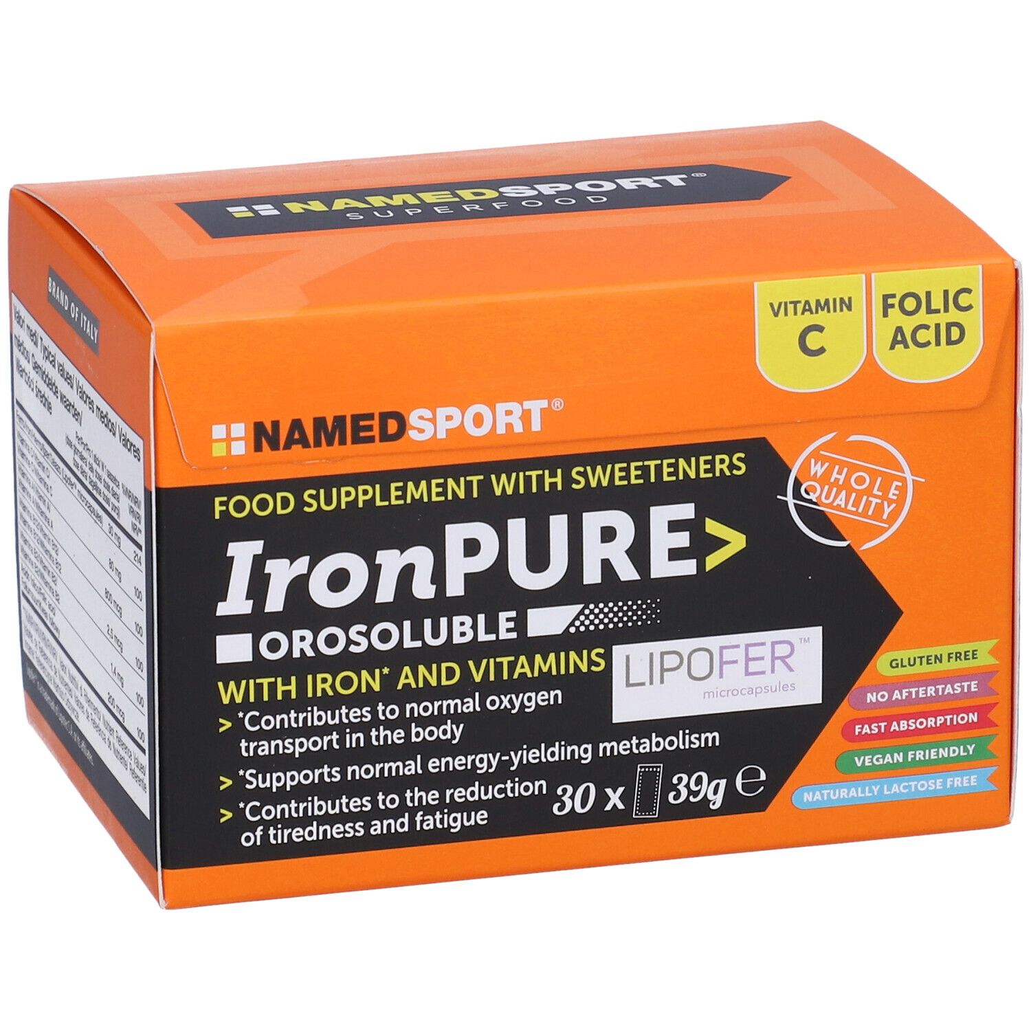 Scatola arancione con il nome del prodotto 'IronPURE'. Contiene 30 bustine. Contiene vitamina C e acido folico. Marca: NAMEDSPORT.