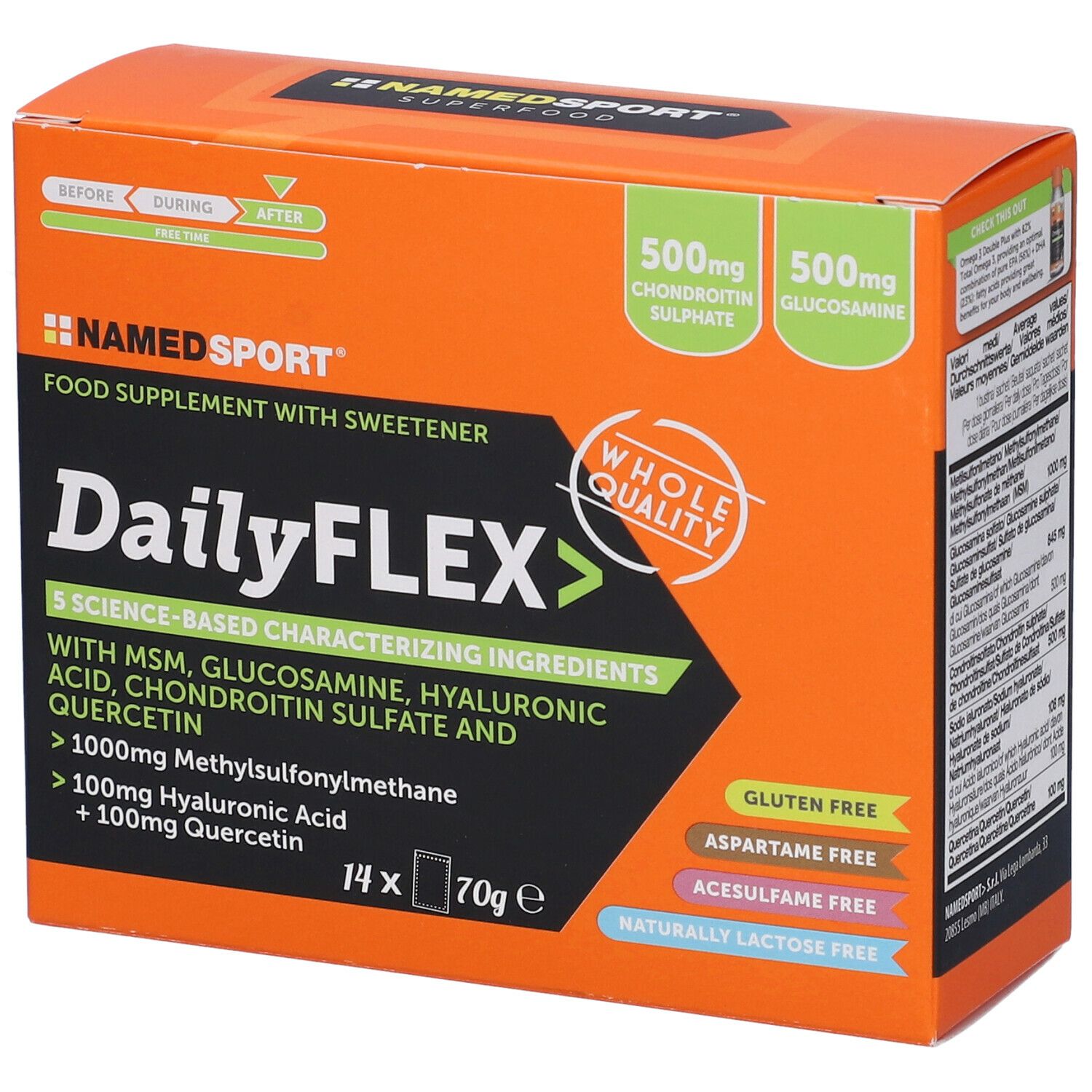 Scatola arancione DailyFLEX. Integratore alimentare con dolcificante. Contiene 14 bustine da 70g. Senza glutine, aspartame, acesulfame e lattosio.