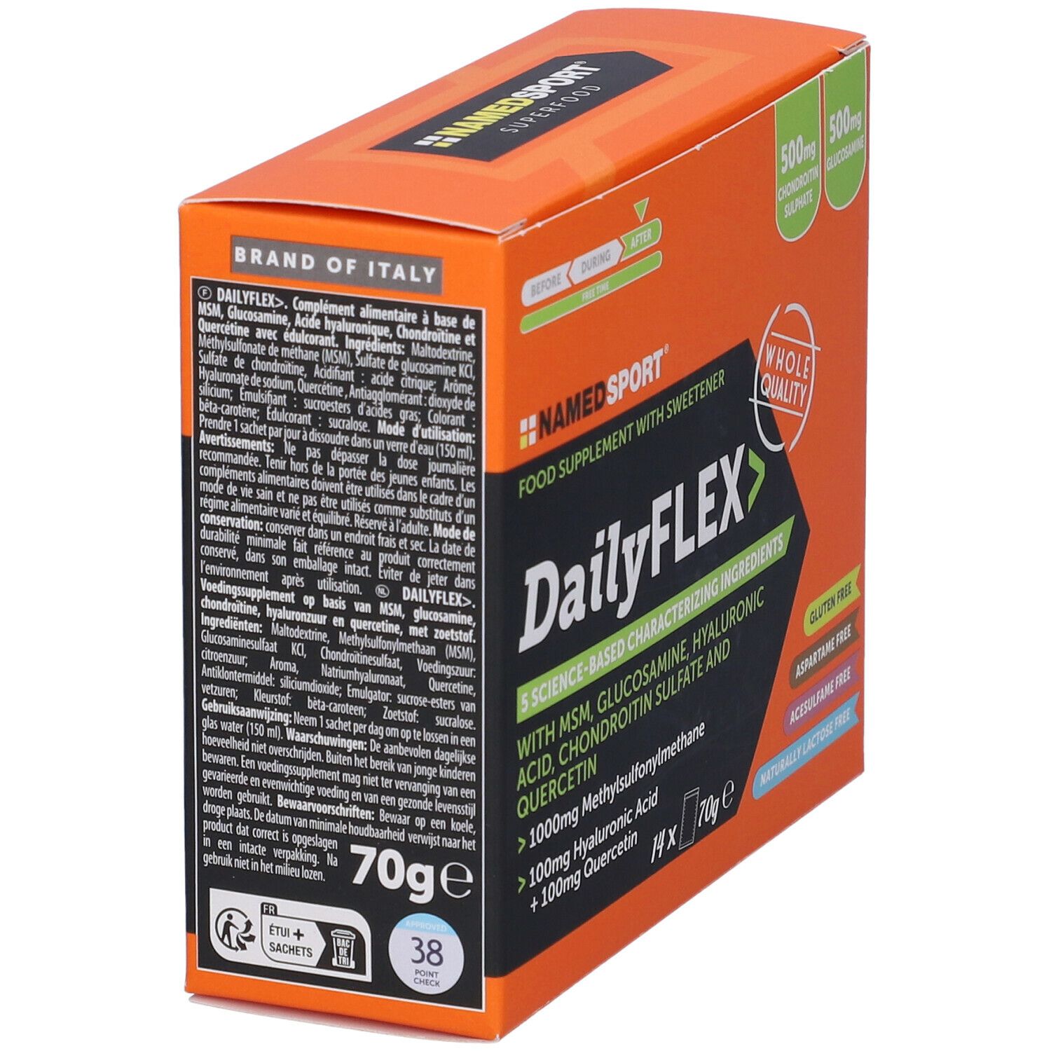 Scatola DailyFLEX arancione con testo. Contiene 14 bustine da 70g. Senza glutine, aspartame, acesulfame e lattosio. Marchio: NamedSport.
