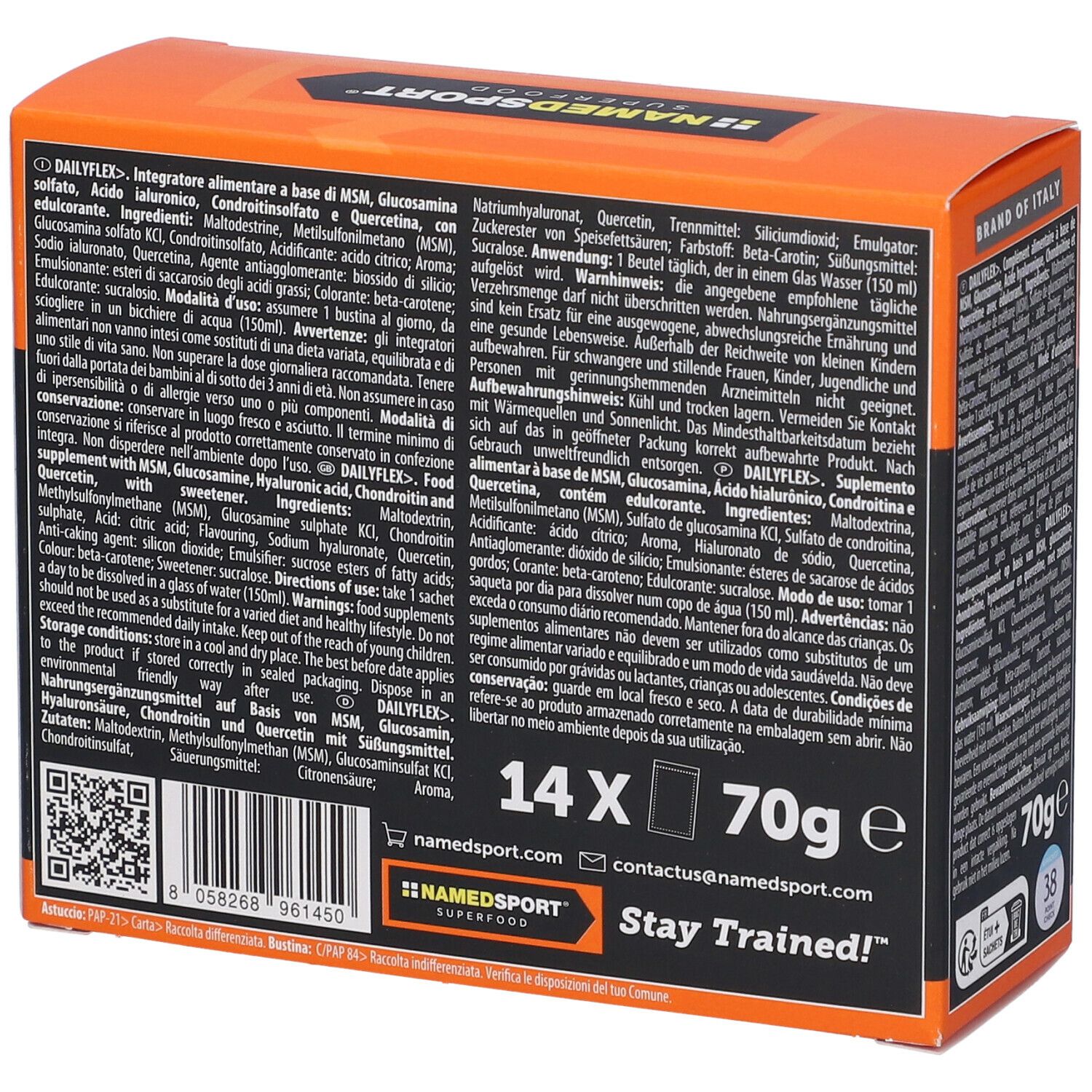 Retro della scatola DailyFLEX. Contiene 14 bustine da 70g. Testo in tedesco, italiano, olandese e francese. Marchio: NamedSport.