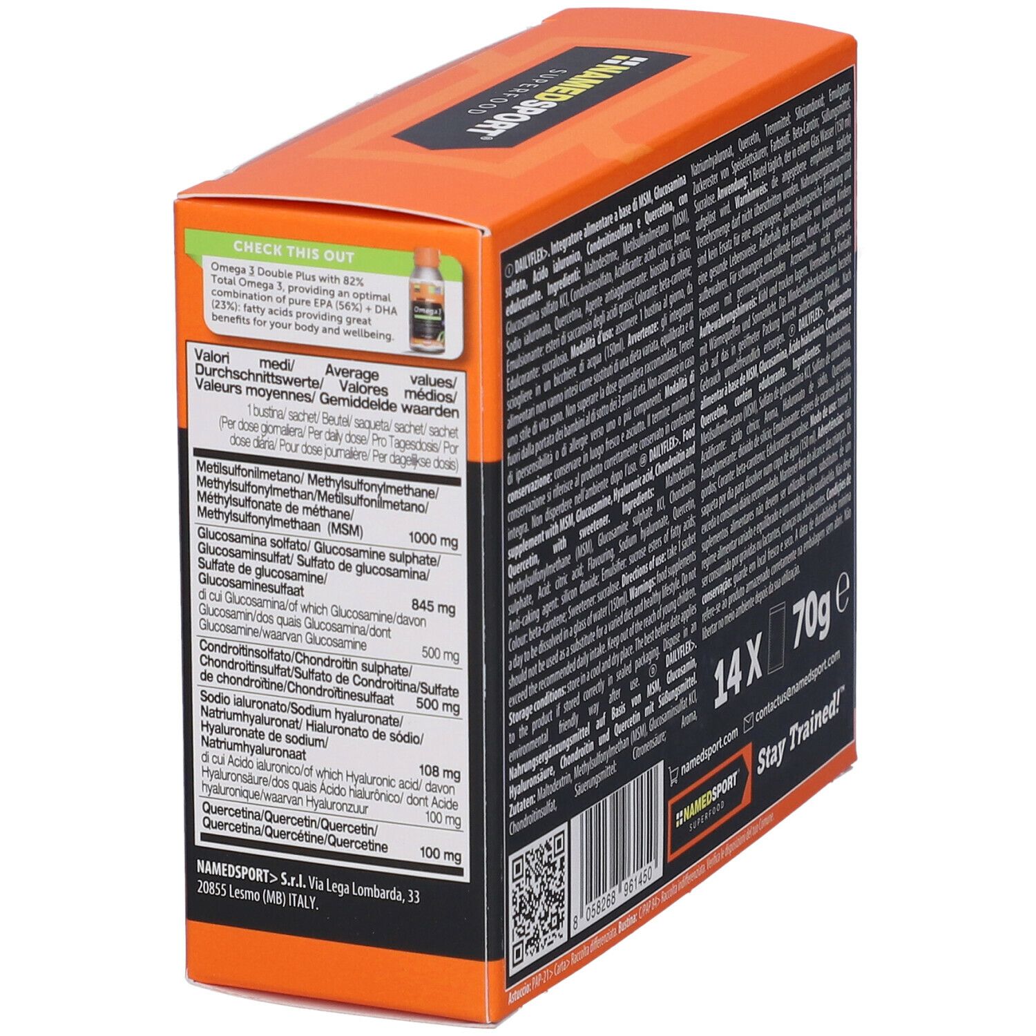 Retro della scatola DailyFLEX con informazioni nutrizionali. Contiene 14 bustine da 70g. Marchio: NamedSport. Testo in tedesco, italiano, olandese e francese.