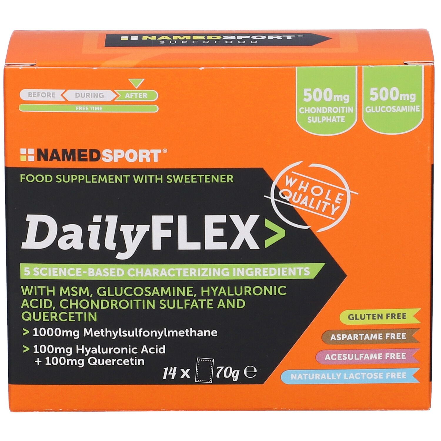 Scatola arancione DailyFLEX. Integratore alimentare con dolcificante. Contiene 14 bustine da 70g. Senza glutine, aspartame, acesulfame e lattosio.