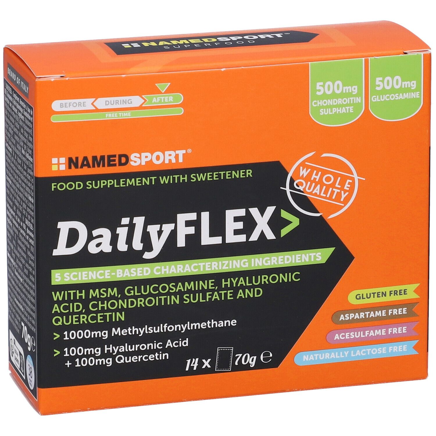 Scatola arancione DailyFLEX. Integratore alimentare con dolcificante. Contiene 14 bustine da 70g. Senza glutine, aspartame, acesulfame e lattosio.