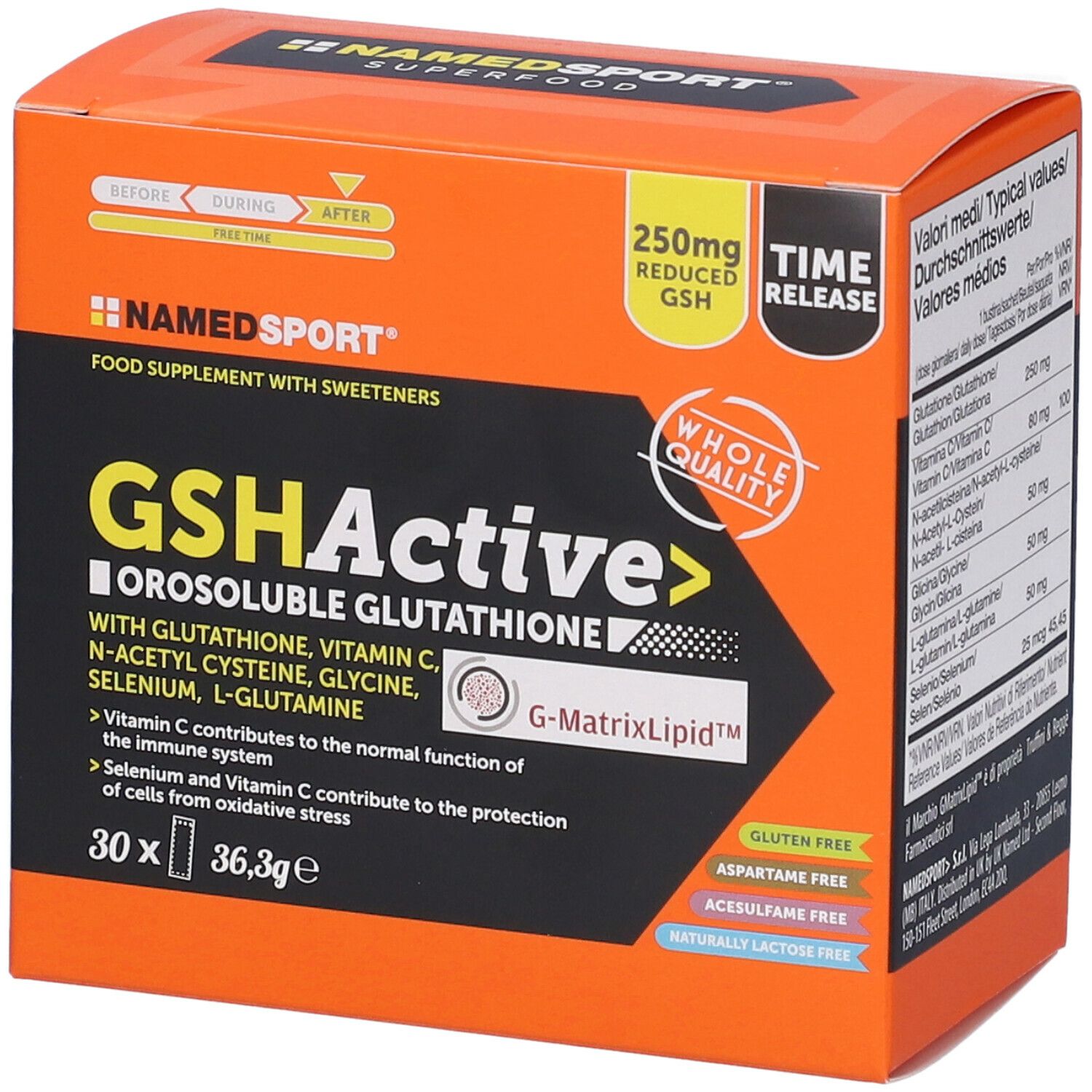 Confezione NAMED SPORT® GSHActive. Arancione e nera. Contiene 30 bustine. Testo: GSHActive, Glutatione Orosolubile, Senza glutine, Senza aspartame.