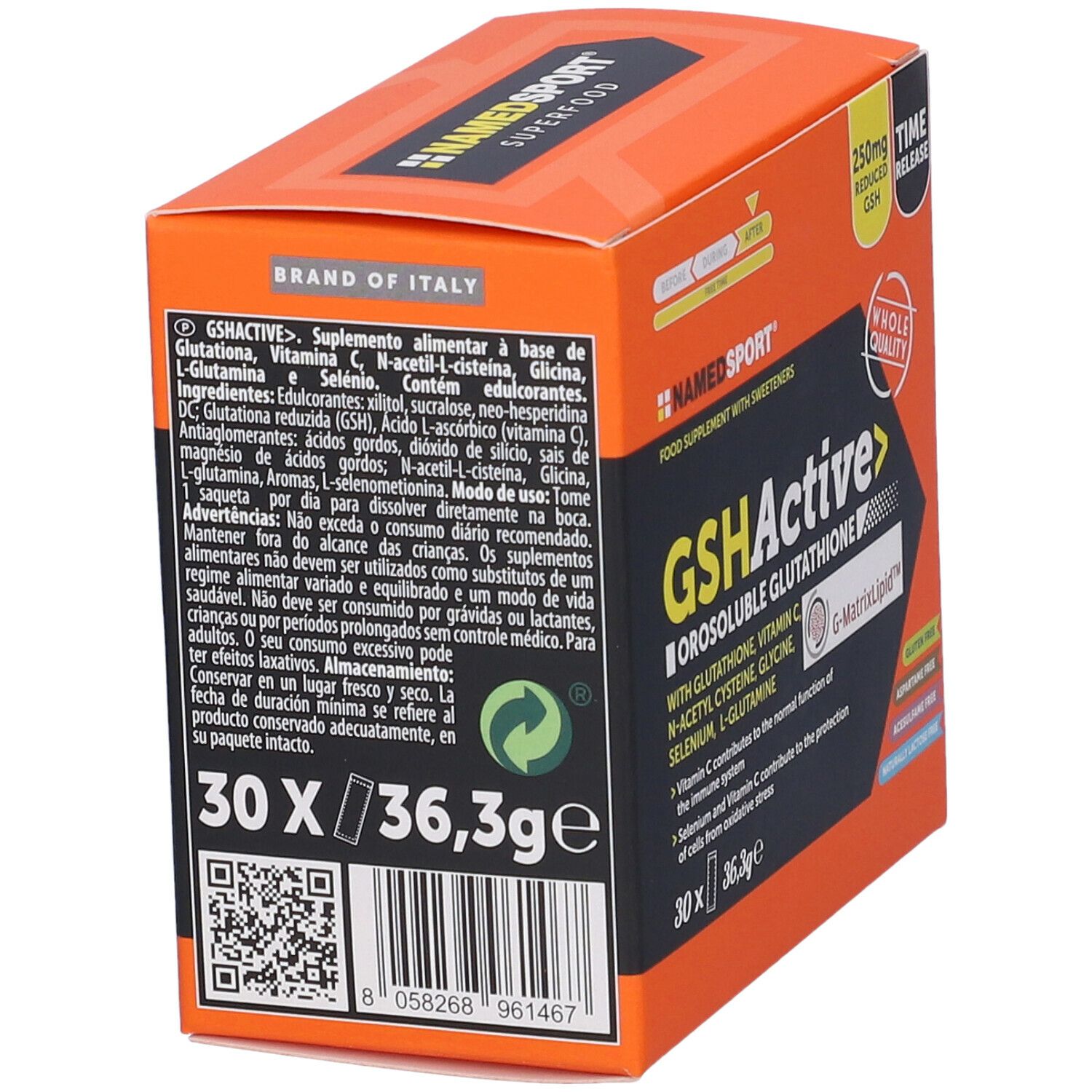 Retro della confezione NAMED SPORT® GSHActive. Arancione e nero. Testo: 30 x 36,3g, GSHActive, Ingredienti, Istruzioni per l'uso, Senza glutine, Senza aspartame.