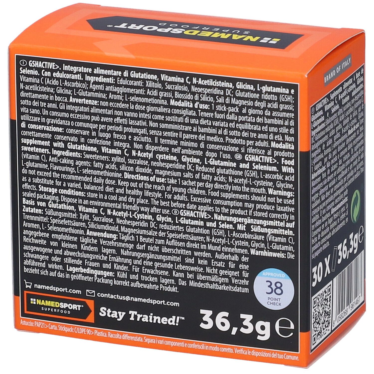 Confezione NAMED SPORT® GSHActive, retro. Arancione e nero. Testo: GSHActive, Ingredienti, Istruzioni per l'uso, 30 x 36,3g, Stay Trained!, 38 Point Check.