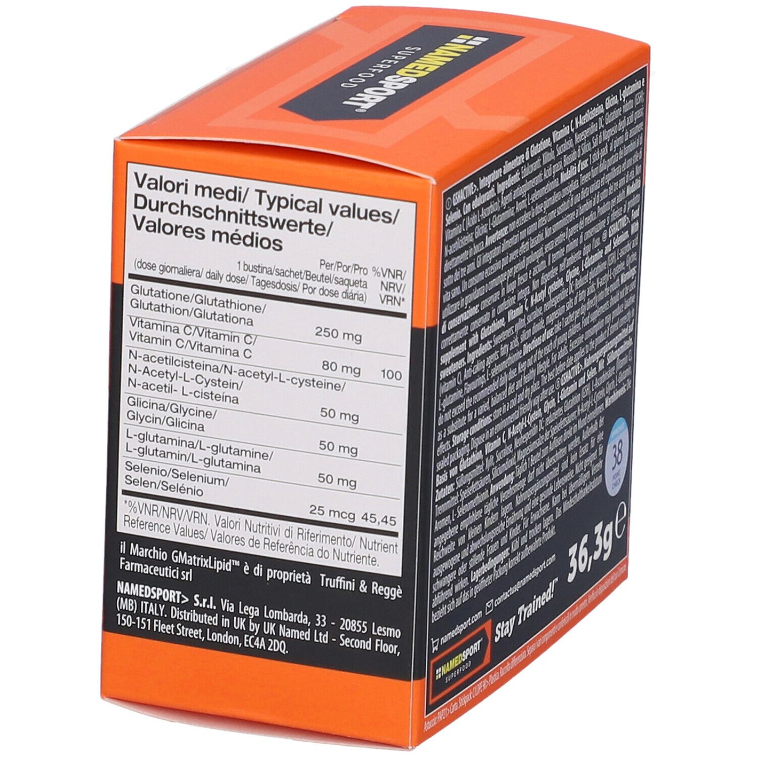 Confezione NAMED SPORT® GSHActive, dettaglio. Arancione e nero. Testo: Valori nutrizionali, GSHActive, 30 x 36,3g, Stay Trained!, 38 Point Check.