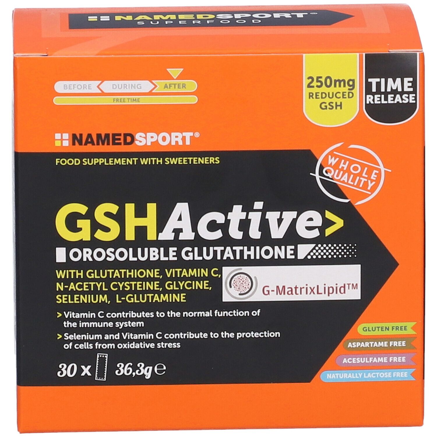 Confezione NAMED SPORT® GSHActive. Arancione e nera. Testo: GSHActive, Glutatione Orosolubile, 30 x 36,3g, Senza glutine, Senza aspartame, Senza acesulfame.