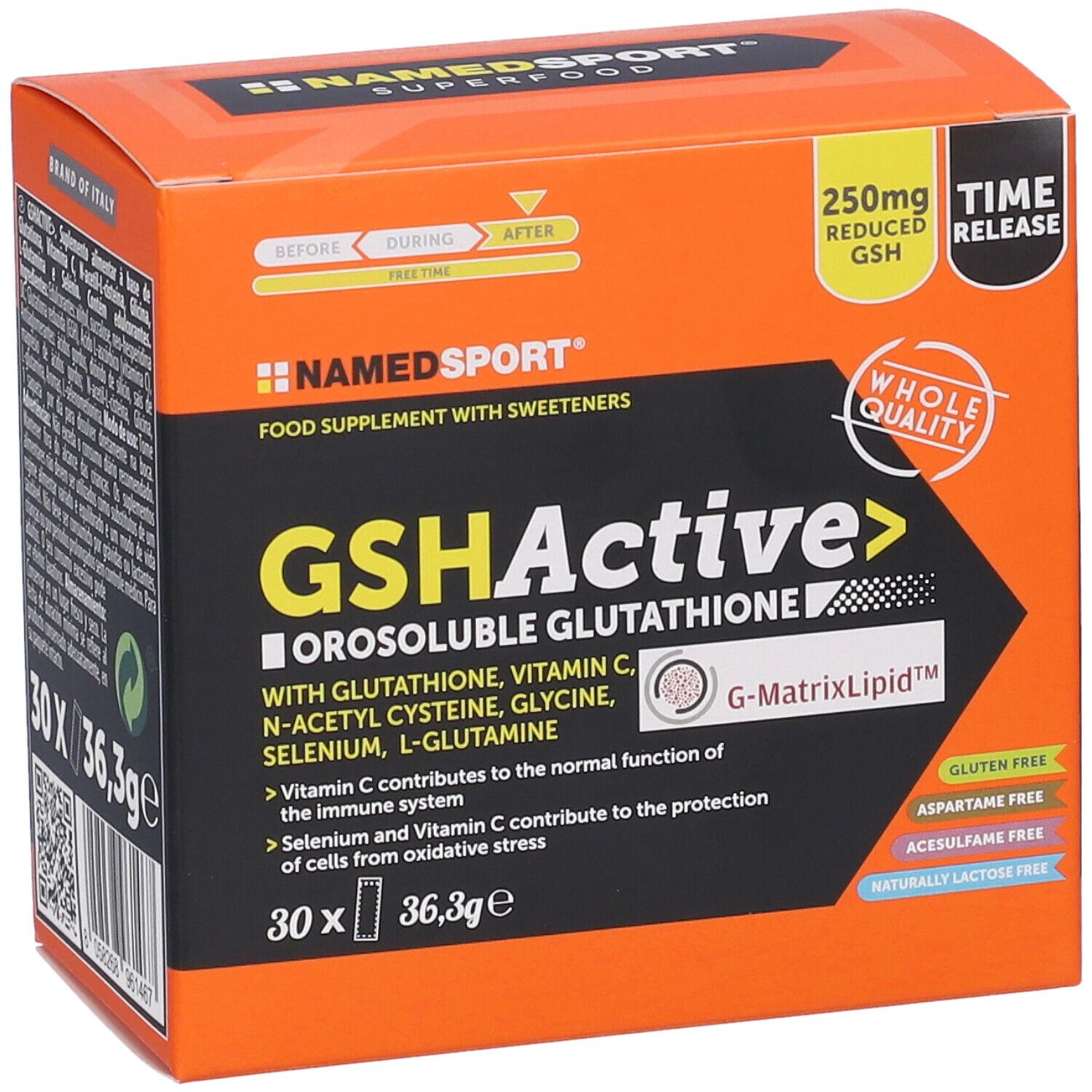 Confezione NAMED SPORT® GSHActive. Arancione e nera. Testo: GSHActive, Glutatione Orosolubile, 30 x 36,3g, Senza glutine, Senza aspartame, Senza acesulfame.