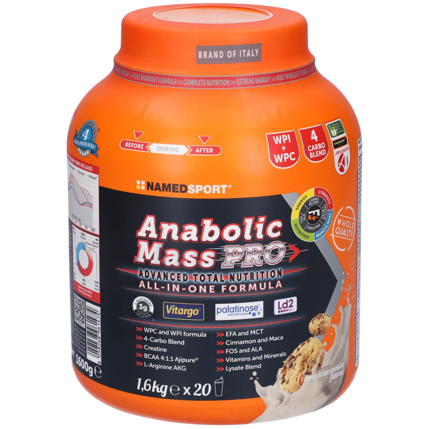 Contenitore arancione NAMEDSPORT Anabolic Mass PRO. Contiene 1,6 kg x 20 porzioni. Marchio italiano.