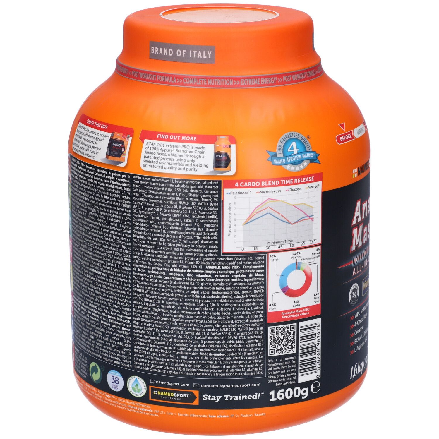 Retro di un contenitore arancione con testo. Contiene informazioni su NAMEDSPORT Anabolic Mass PRO.