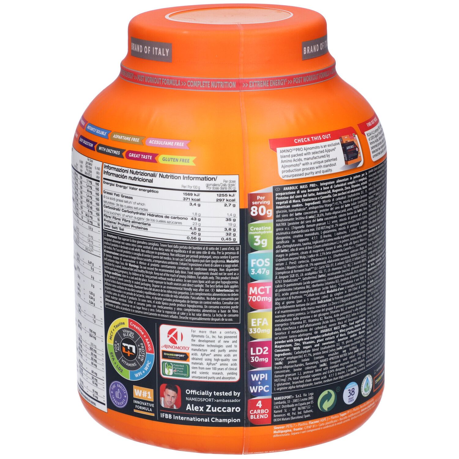 Retro di un contenitore arancione con informazioni nutrizionali per NAMEDSPORT Anabolic Mass PRO.