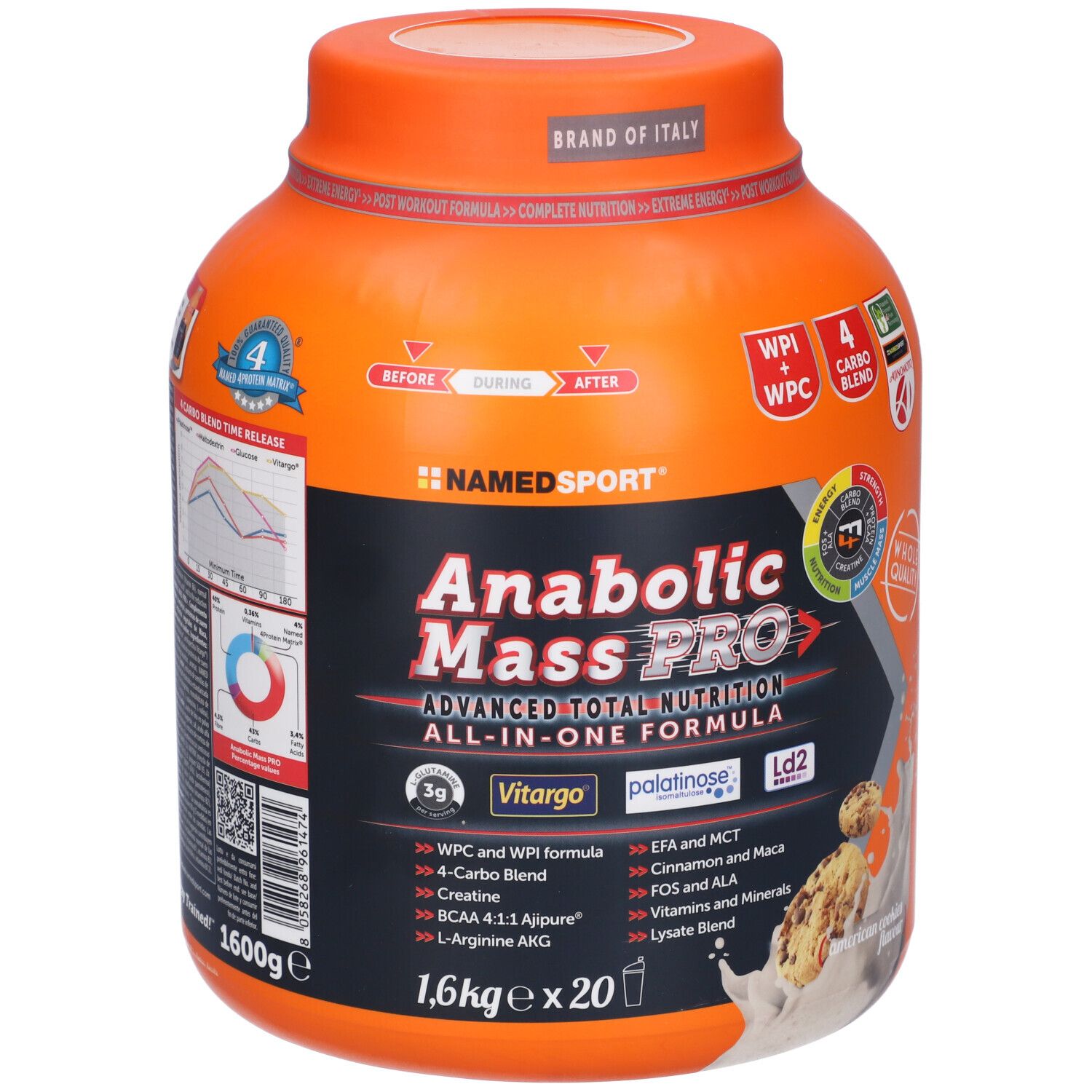 Contenitore arancione NAMEDSPORT Anabolic Mass PRO. Contiene 1,6 kg x 20 porzioni. Con grafici.