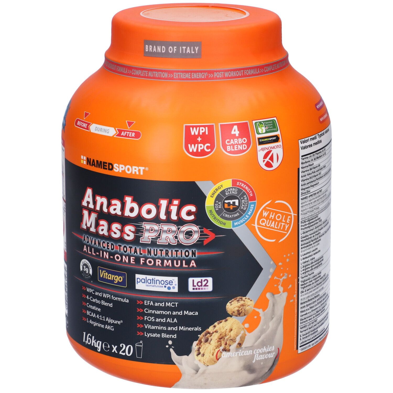Contenitore arancione NAMEDSPORT Anabolic Mass PRO. Contiene 1,6 kg x 20 porzioni. Con immagine di biscotto.