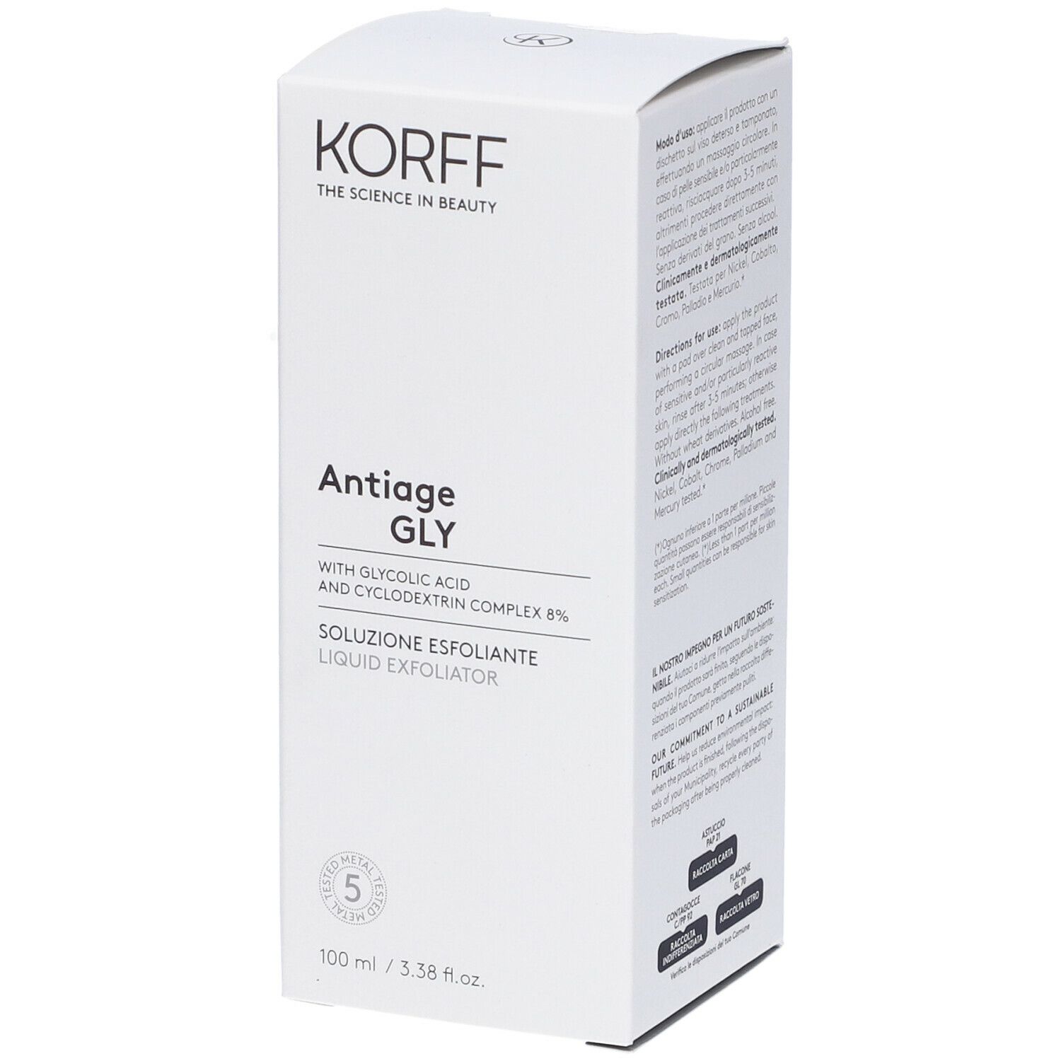 Confezione bianca con nome e logo del prodotto. Testo: Antiage Gly, Soluzione Esfoliante. 100 ml.