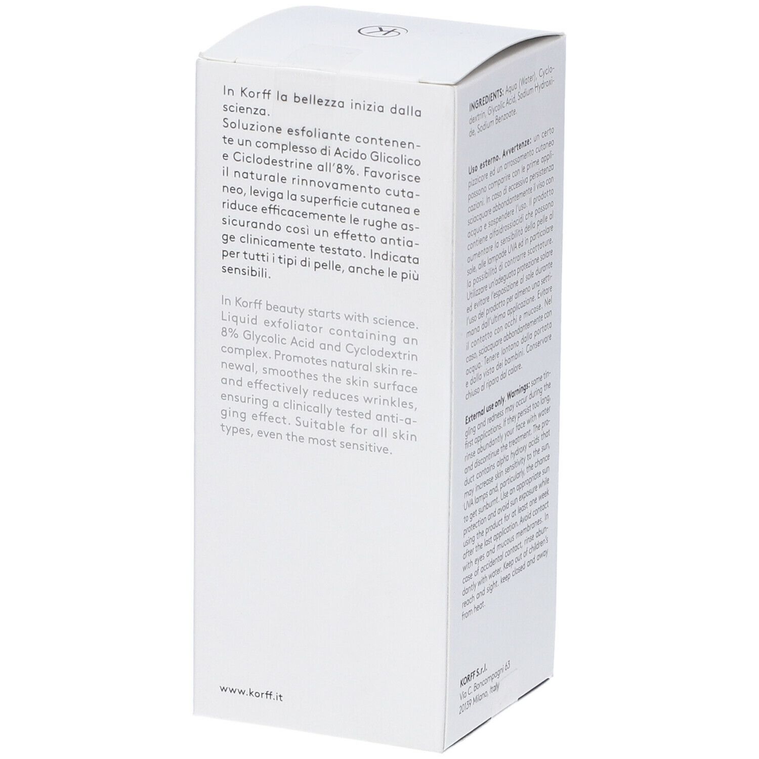 Confezione bianca, testo in italiano. Marchio: KORFF. Testo: Antiage Gly, Soluzione Esfoliante.