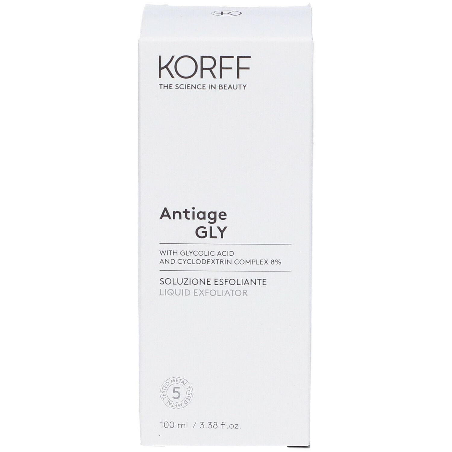 Confezione bianca con nome e logo del prodotto. Testo: Antiage Gly, Soluzione Esfoliante. 100 ml.