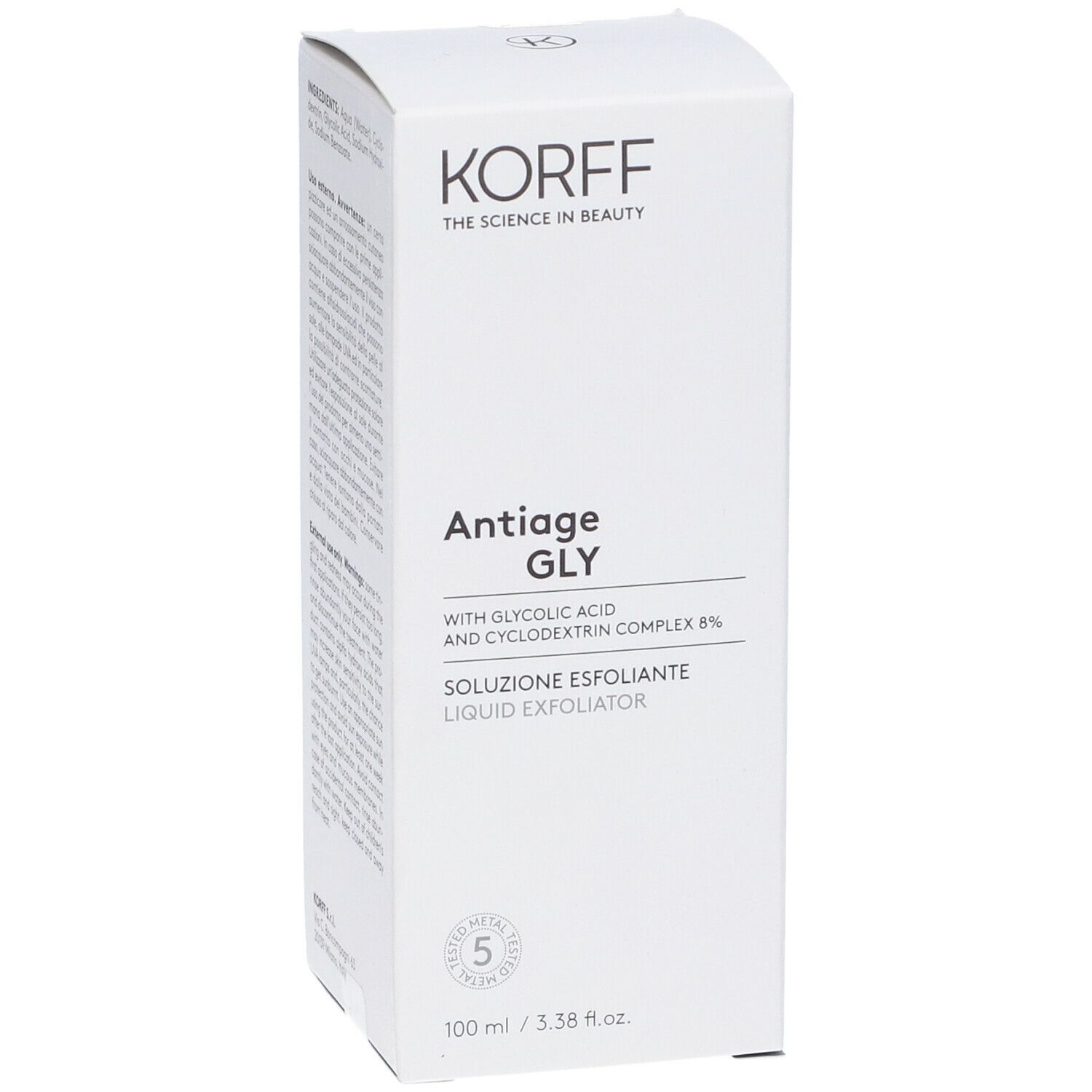 Confezione bianca con nome e logo del prodotto. Testo: Antiage Gly, Soluzione Esfoliante. 100 ml.