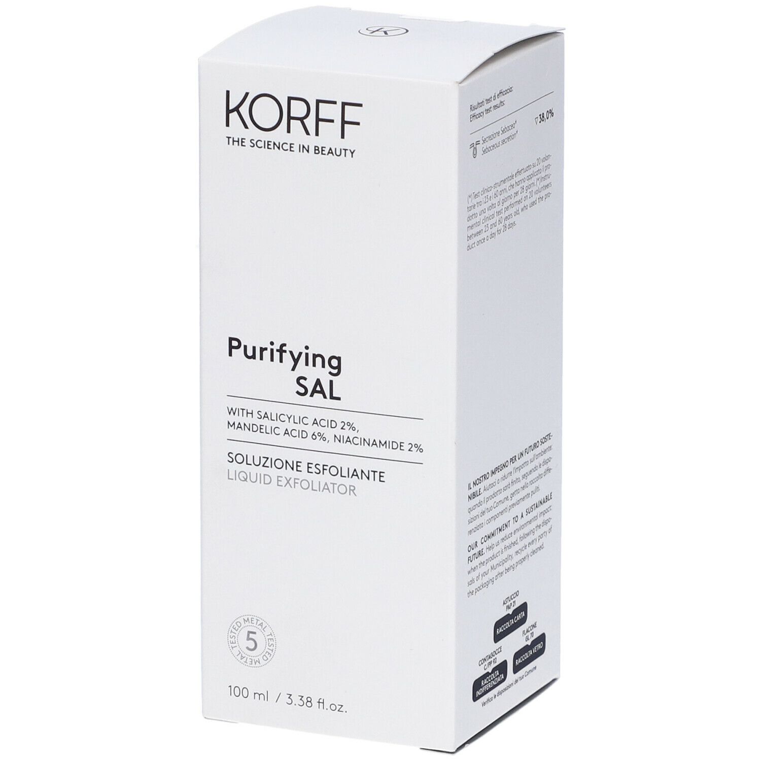Confezione bianca con testo. KORFF in alto. Sotto: Purifying SAL, Soluzione Esfoliante. 100 ml.