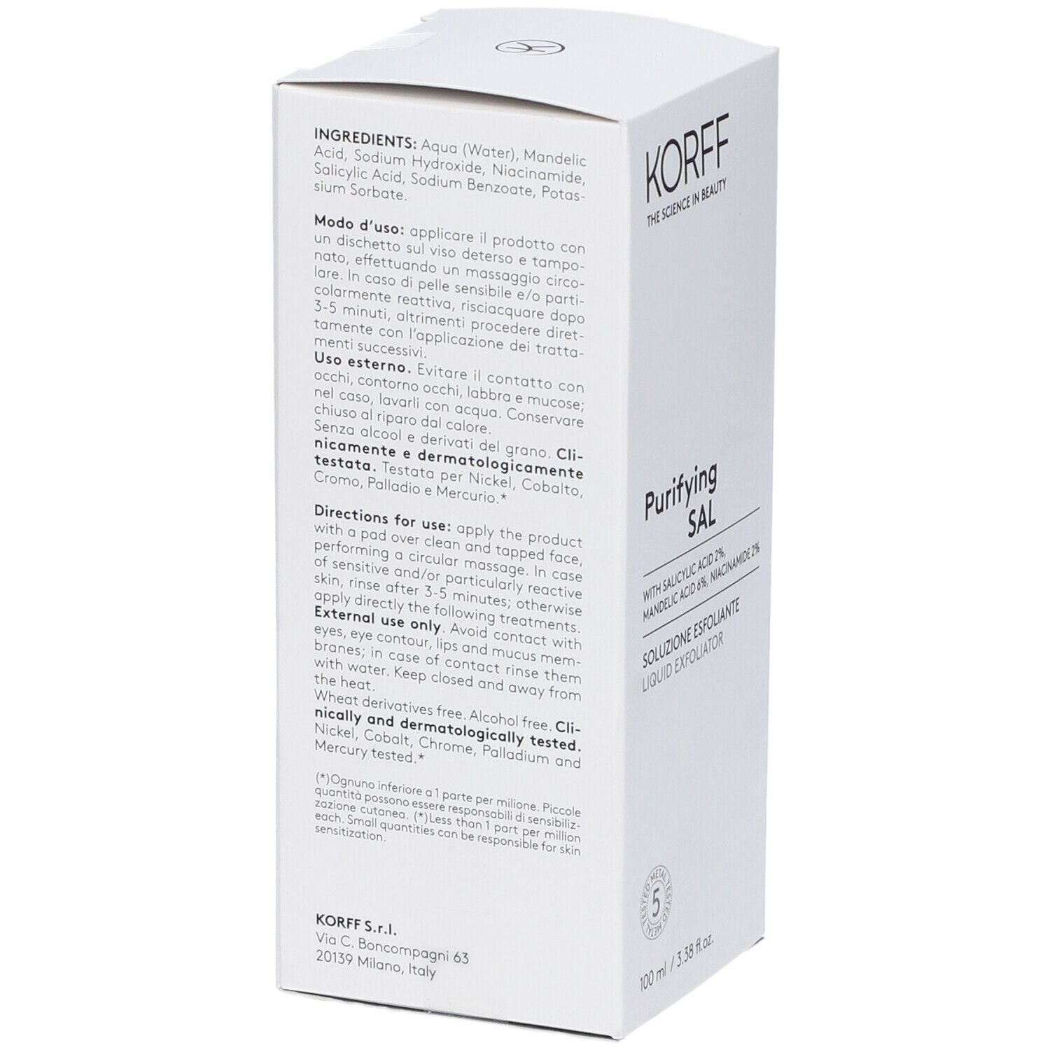 Confezione bianca con testo. KORFF, ingredienti, istruzioni per l'uso. 100 ml.