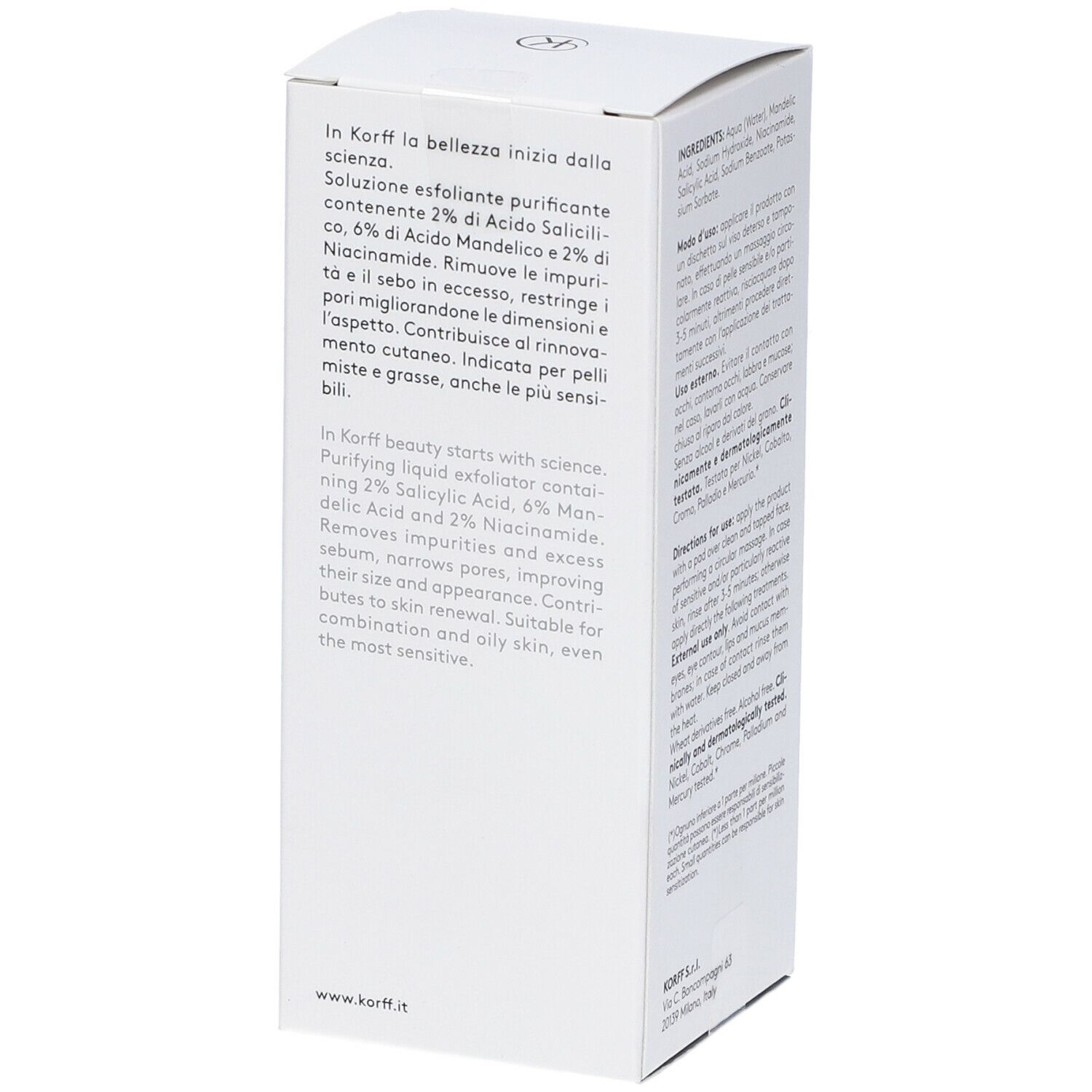 Confezione bianca con testo. KORFF, descrizione del prodotto, ingredienti. 100 ml.