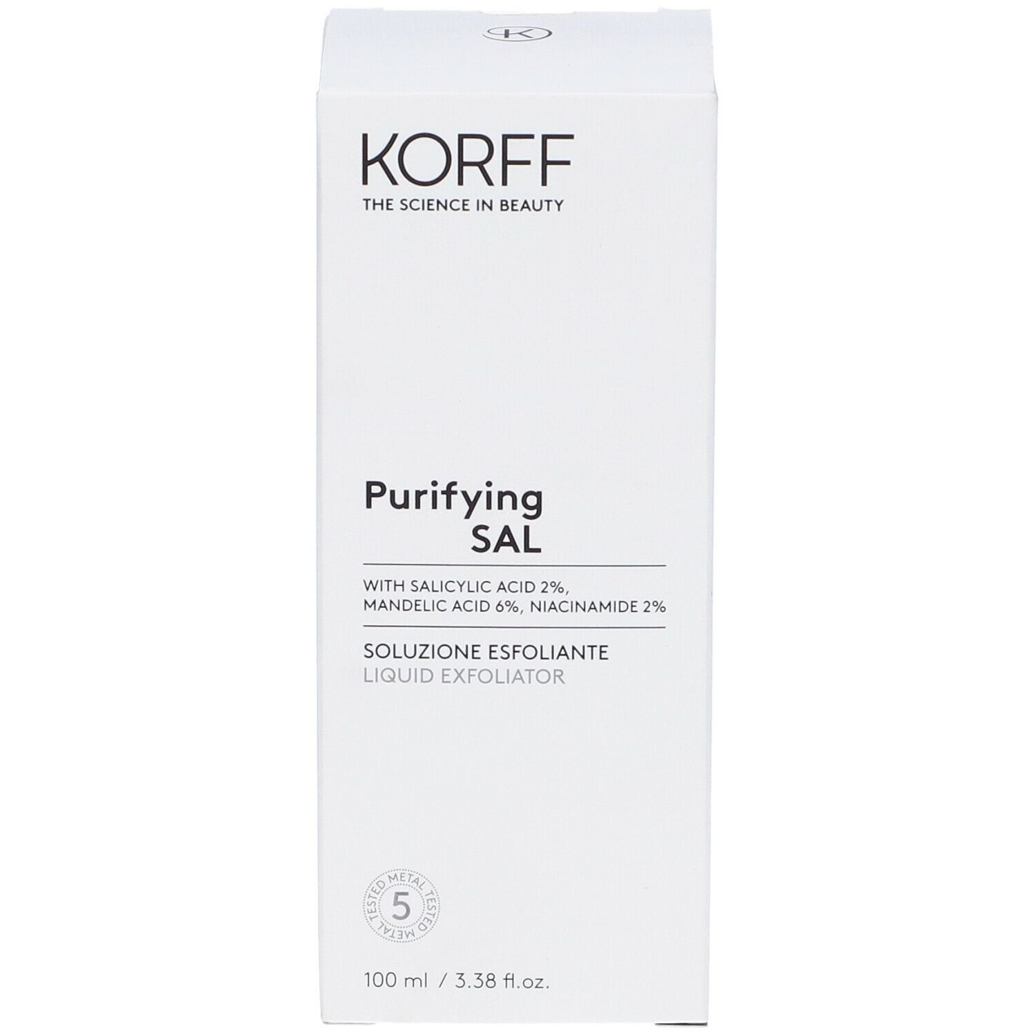Confezione bianca con testo. KORFF, Purifying SAL, Soluzione Esfoliante. 100 ml.