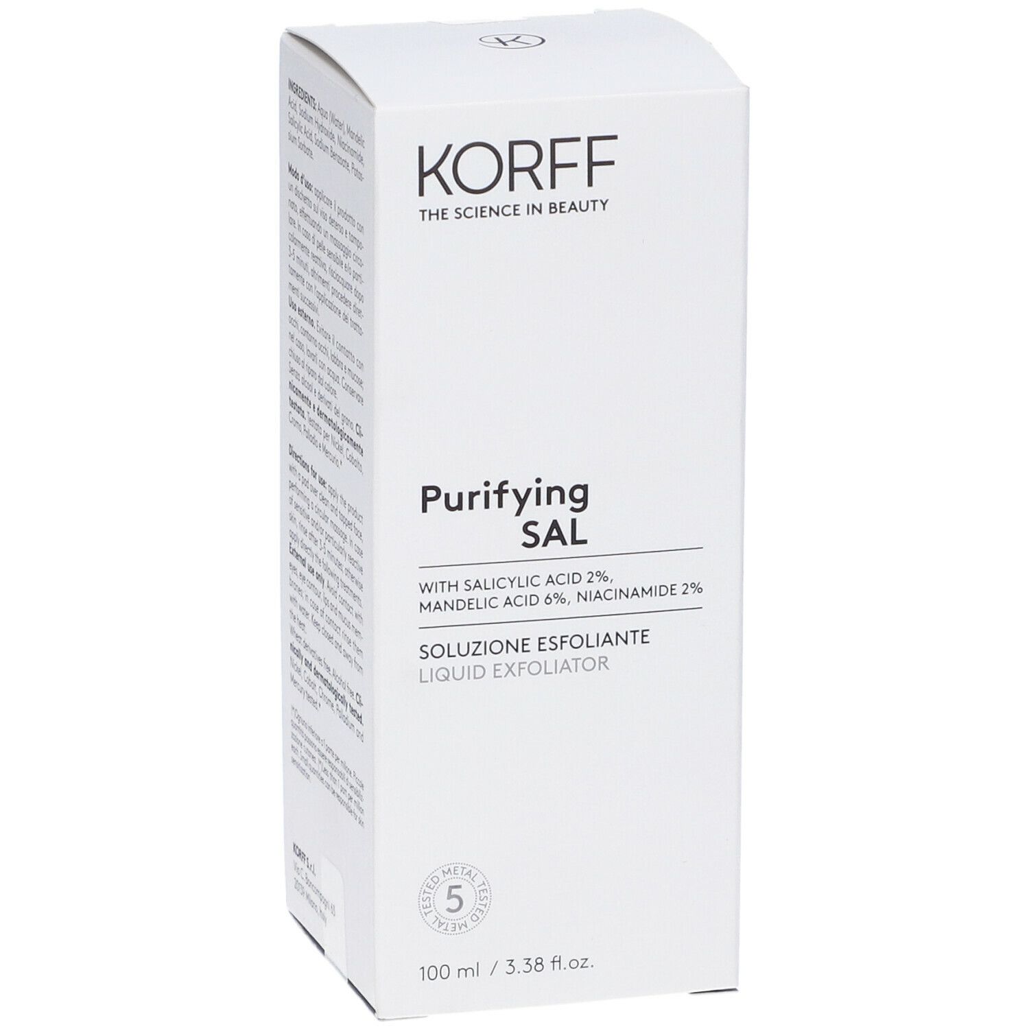 Confezione bianca con testo. KORFF, Purifying SAL, Soluzione Esfoliante. 100 ml.