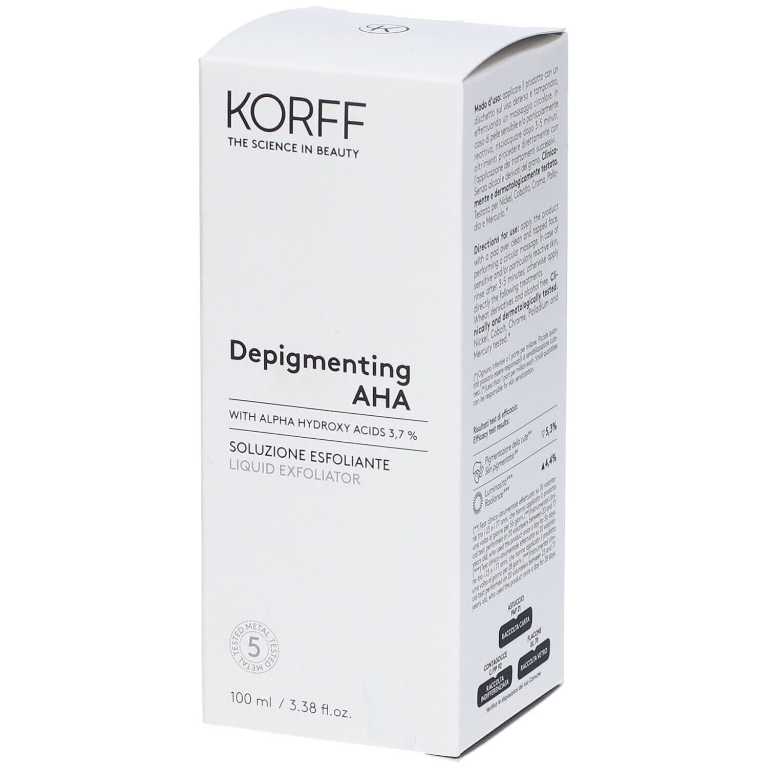 Confezione bianca KORFF. Scritta: Depigmenting AHA con acidi alfa-idrossiacidi 3,7%. Soluzione Esfoliante. Esfoliante liquido.