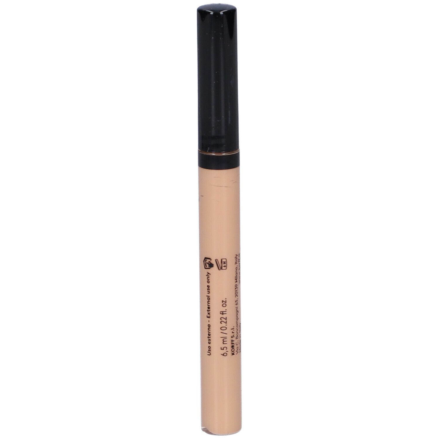 Correttore beige con tappo nero. Scritte: KORFF, Cure Make Up, Skin Booster.
