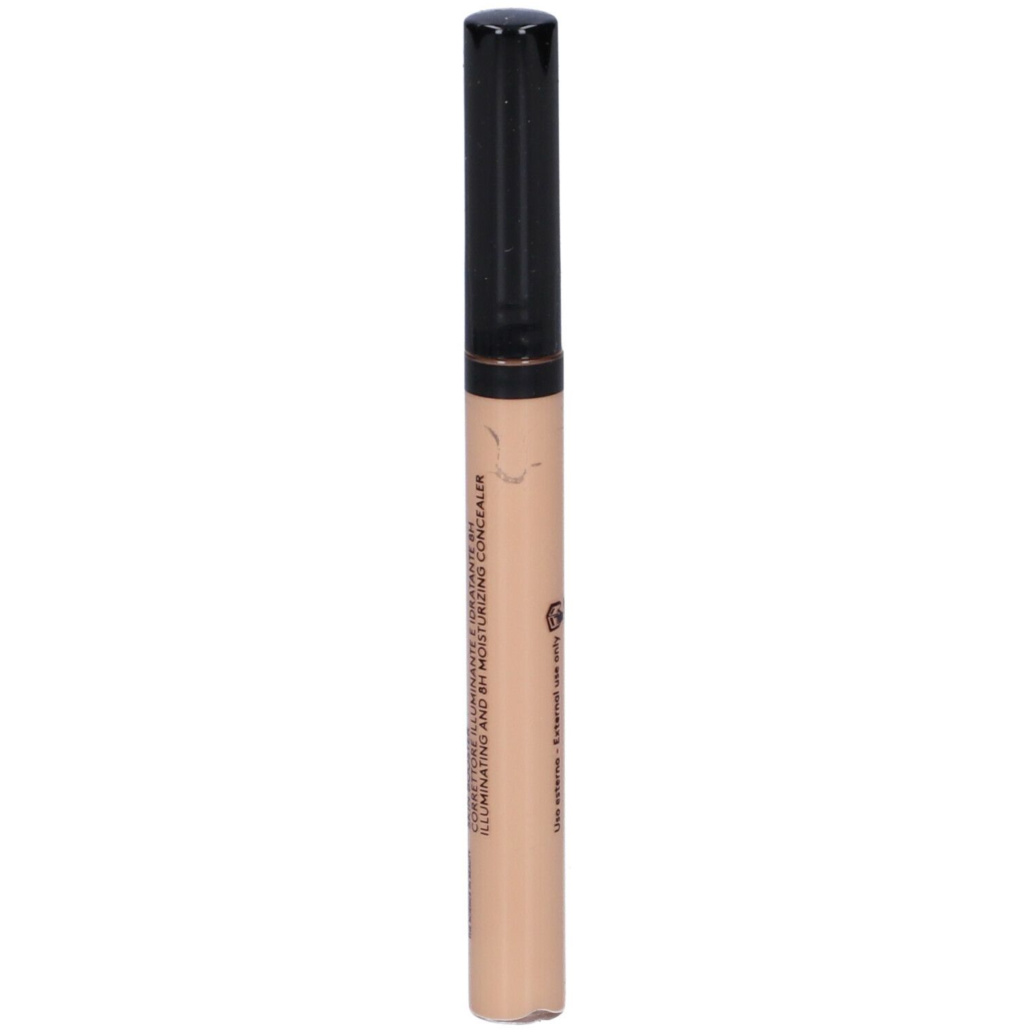 Correttore beige con tappo nero. Scritte: KORFF, Cure Make Up, Skin Booster.